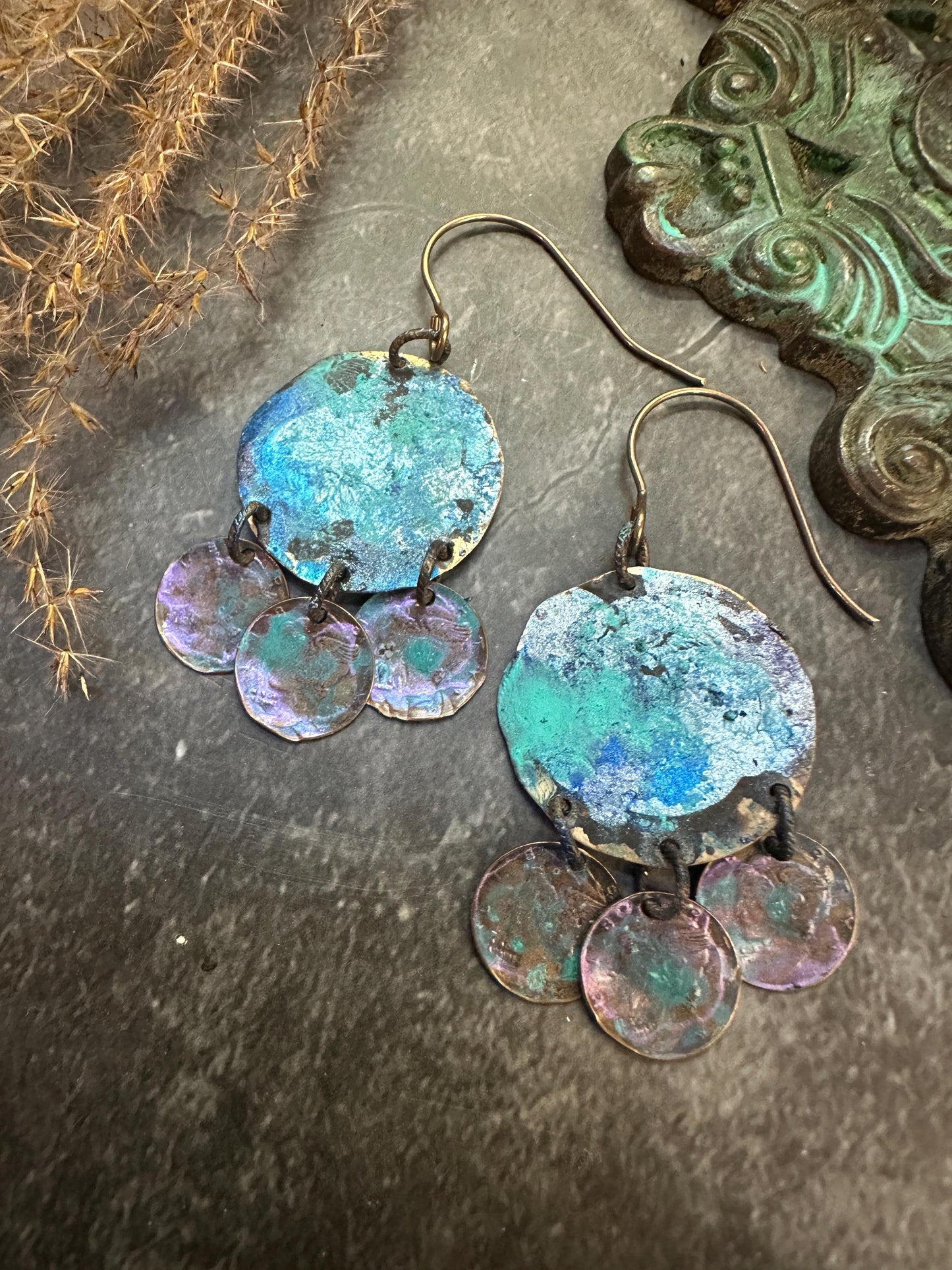 Mermaid Coin Earrings- Hand Patina Handmade Solid Beaten Brass Iridescent Patina