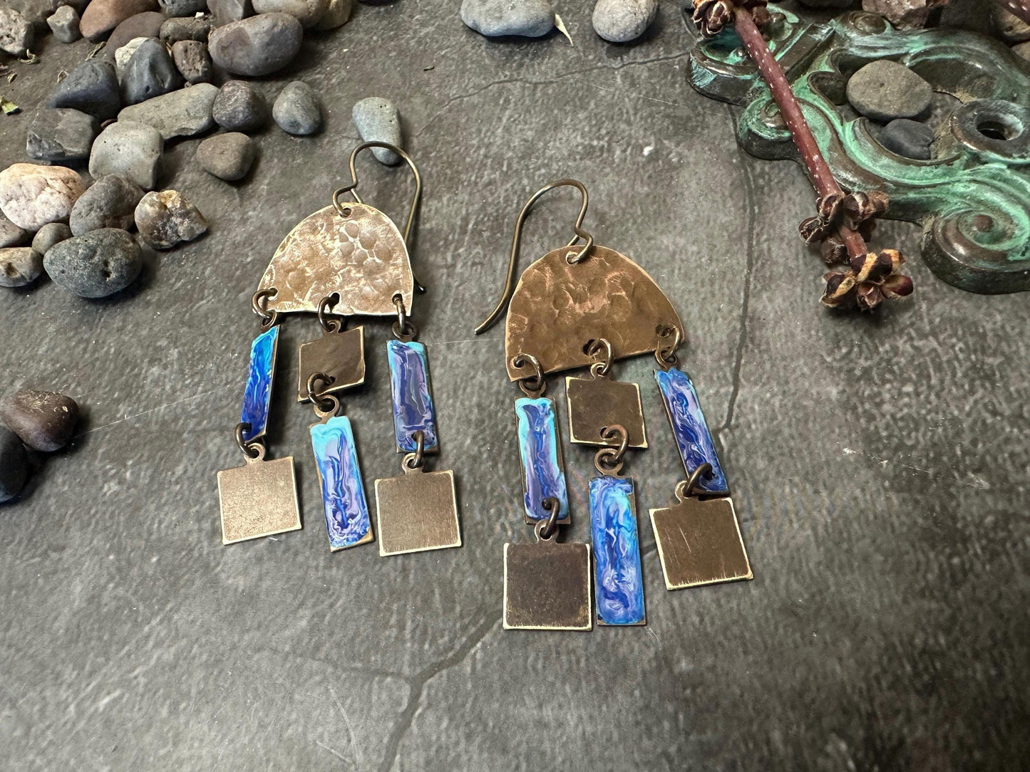 Geometric Dangle Earrings - Handmade Solid Hammered Brass Blue Hand Enamel