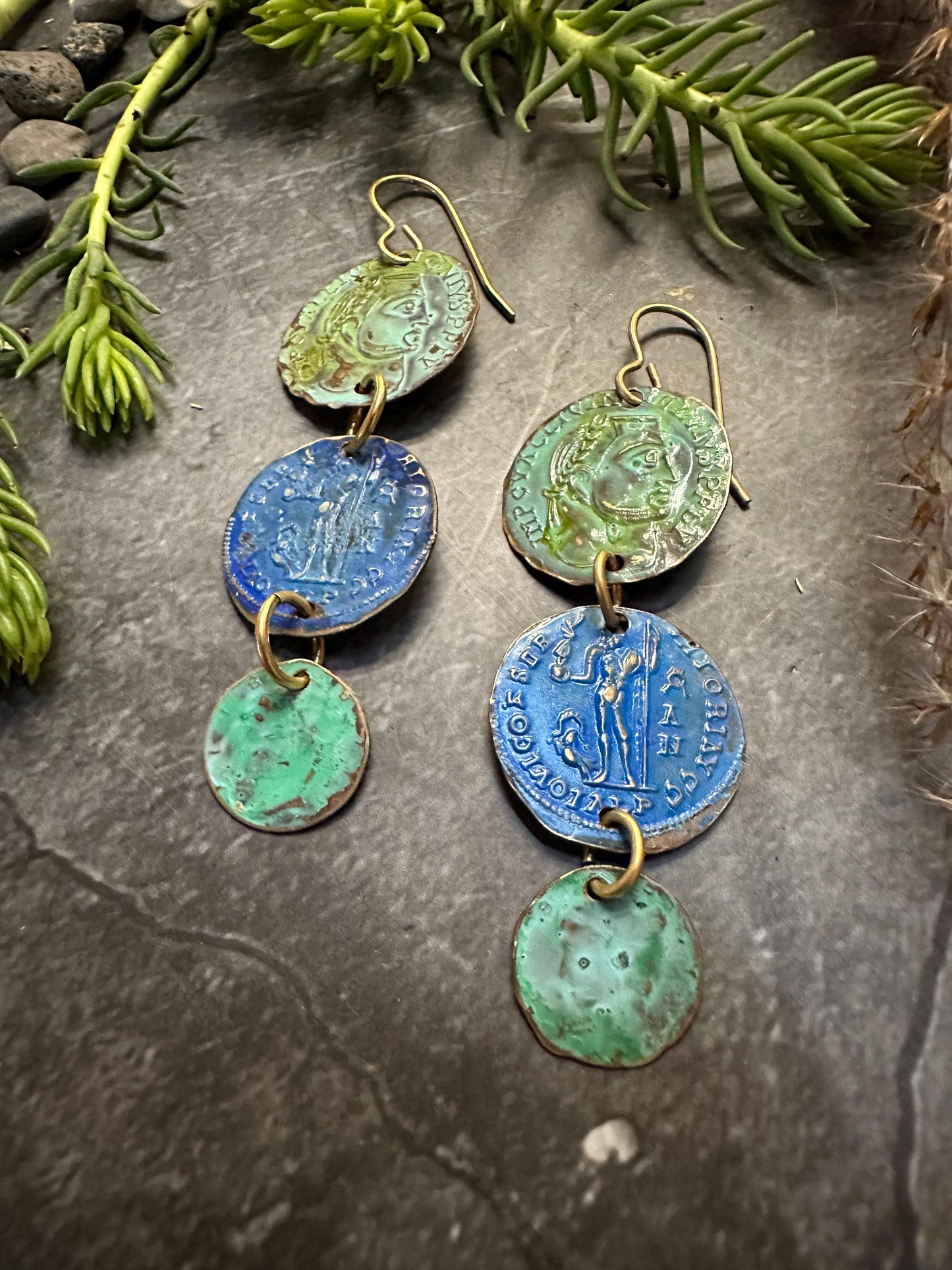Ancient Coin Earrings- Hand Patina Handmade Solid Beaten Brass