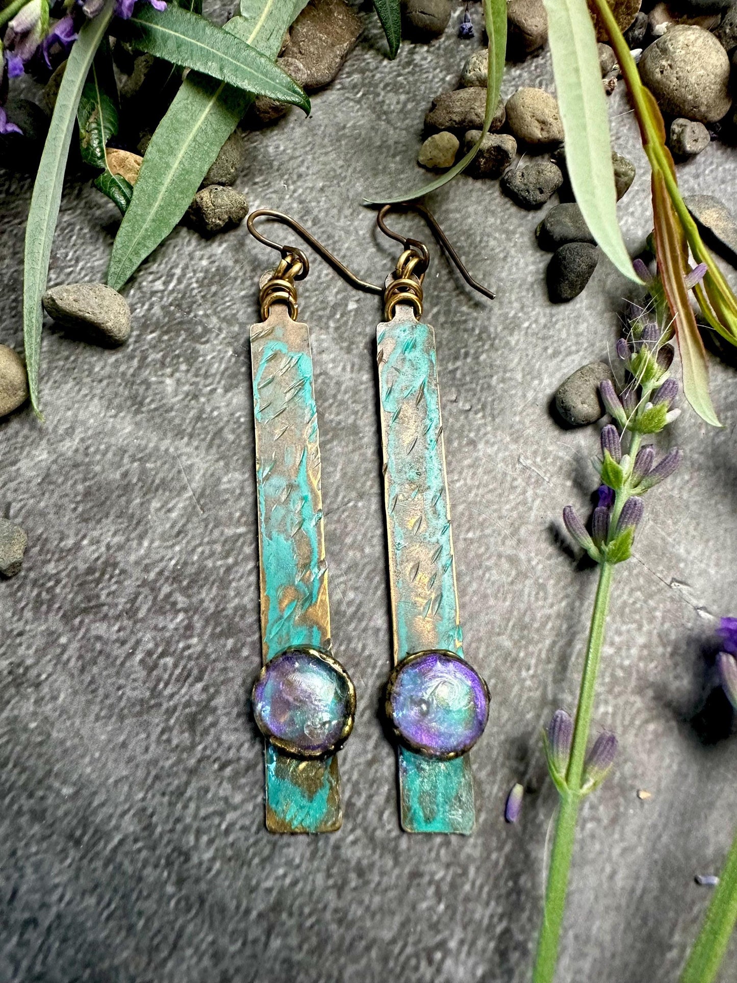 Gleaming Pool Rectangle Earrings- Handmade Beaten Brass with Hand Colored Iridescent Resin