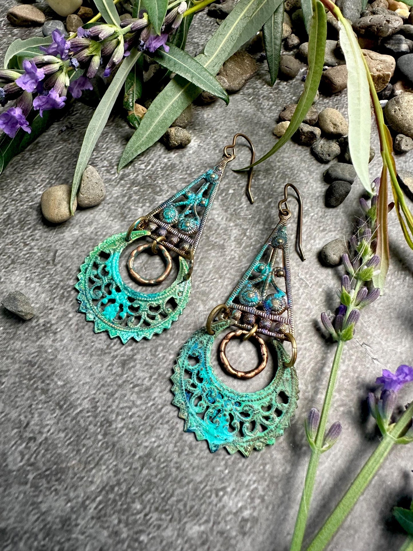 Verdigris Filigree Moon Earrings- Handmade Solid Brass Green Blue Hand Patina