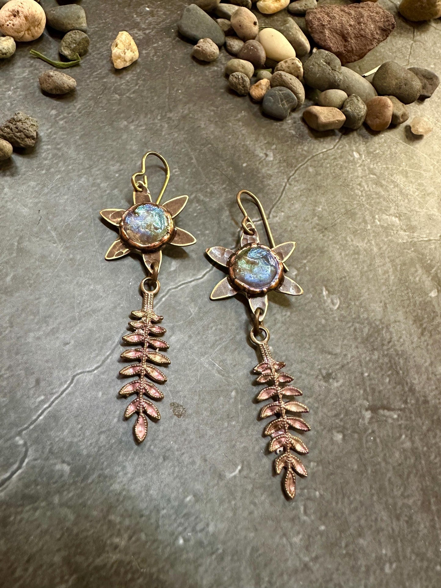 Dewdrop Fern Forest Earrings- Handmade Solid Beaten Brass Iridescent Hand Patina