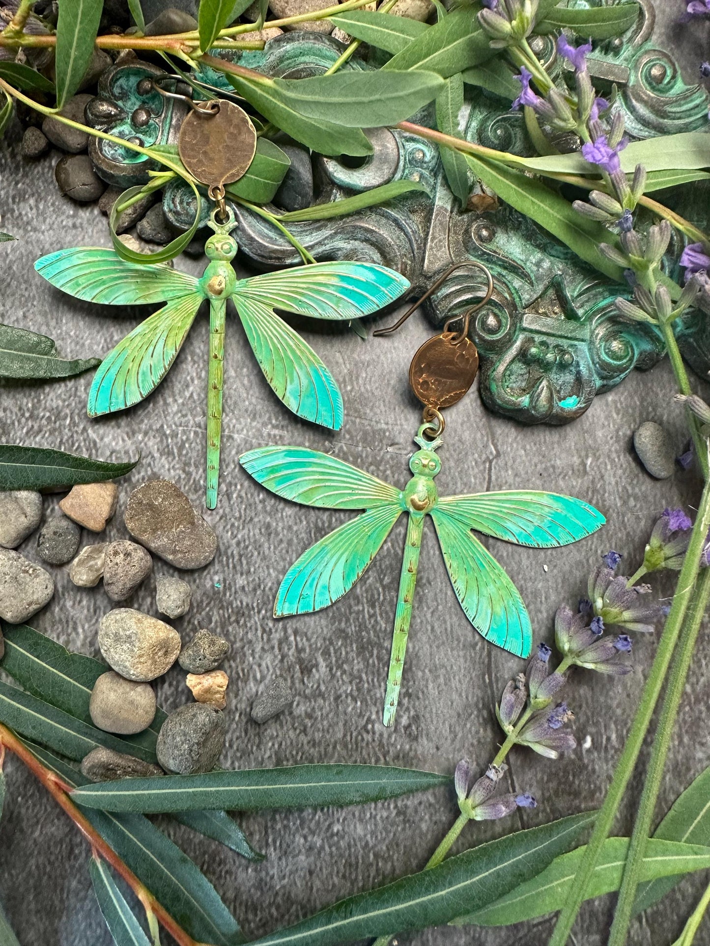 Radiant Dragonfly Earrings - Handmade Solid Beaten Brass Hand Patina