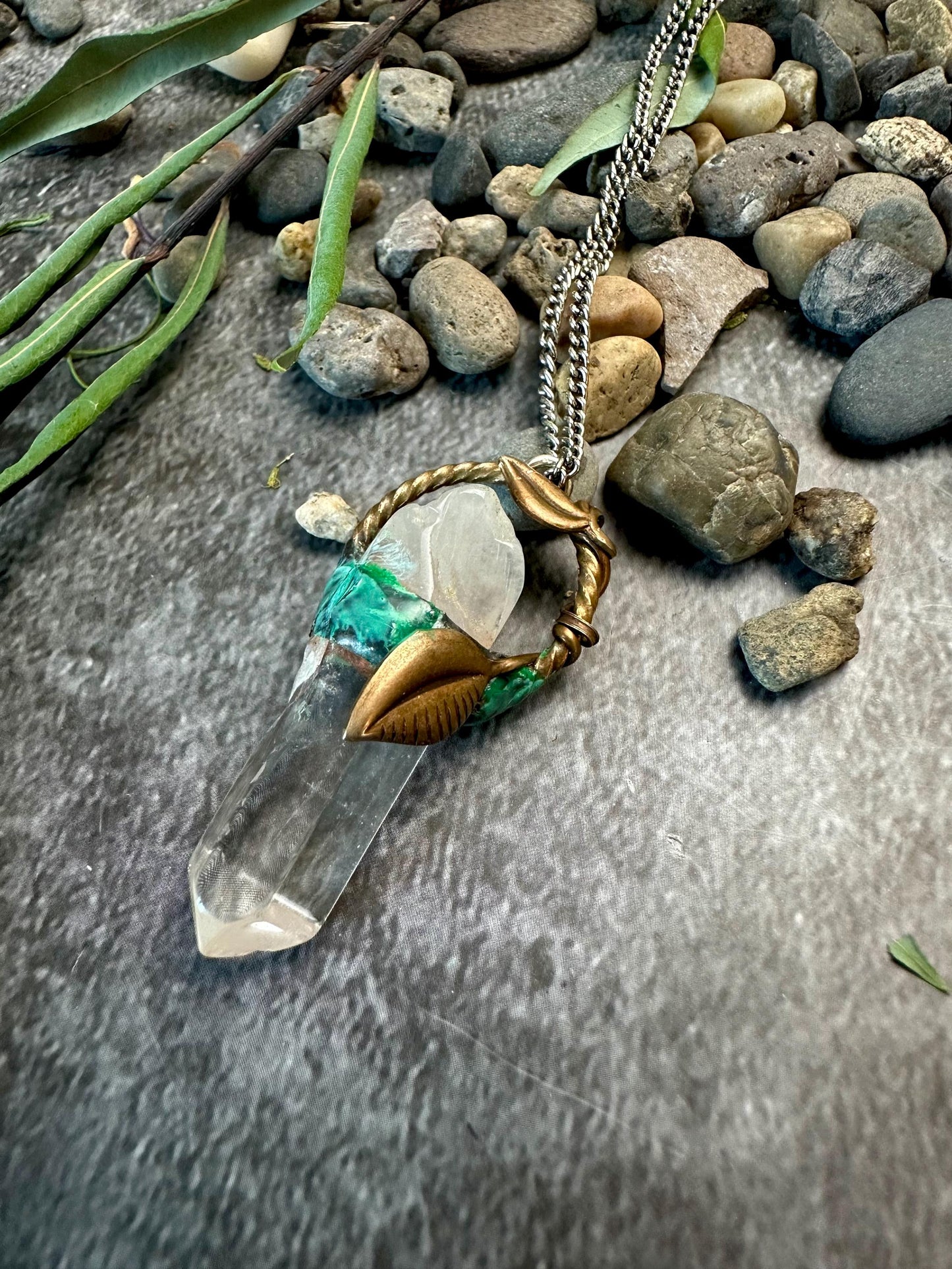 Climbing Vine - Handmade Soldered Crystal Quartz Hand Patina Necklace