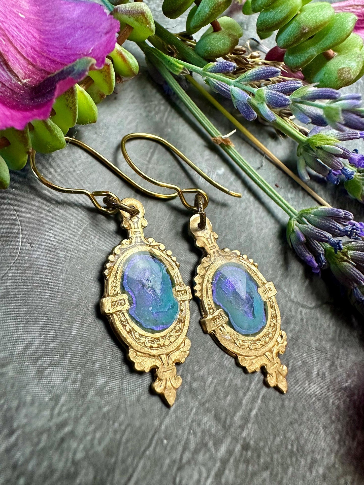 Gilded Pool Iridescent Earrings- Hand Beaten Brass with Hand Colored Resin- Blue
