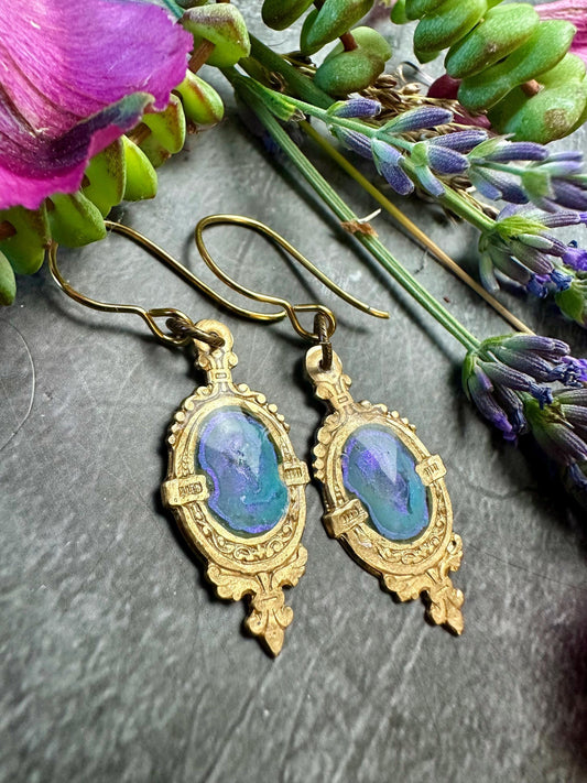 Gilded Pool Iridescent Earrings- Hand Beaten Brass with Hand Colored Resin- Blue