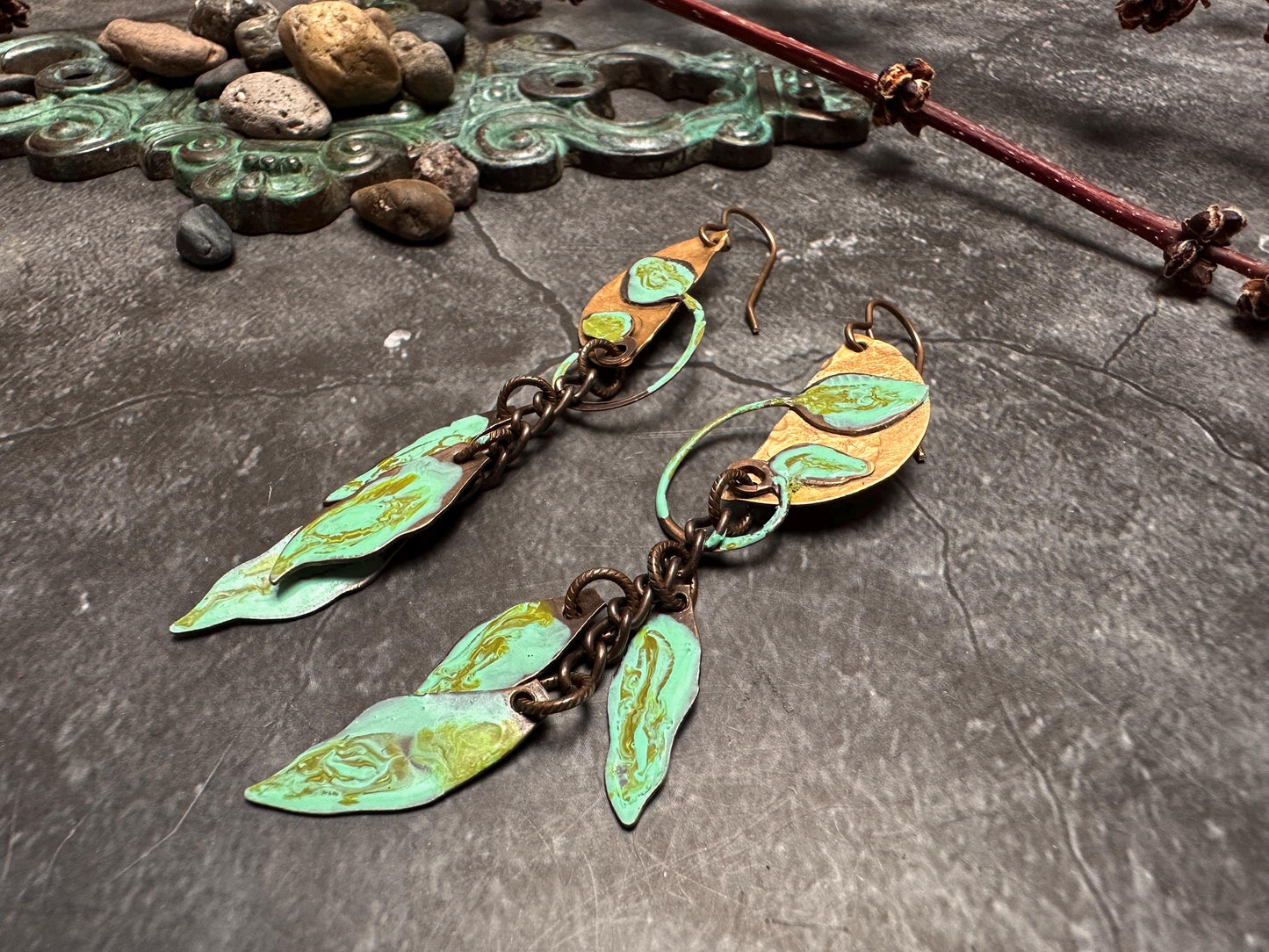 Falling Leaves - Handmade Solid Beaten Brass Hand Patina Earrings