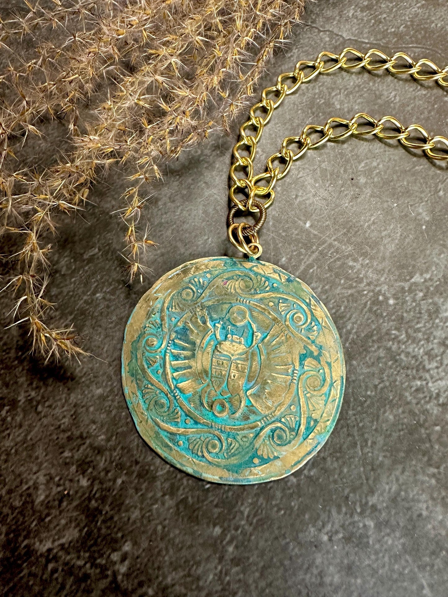 Ancient Scarab Egypt Medallion Necklace - Handmade Solid Beaten Hammered Brass Green Ox Hand Patina Finish