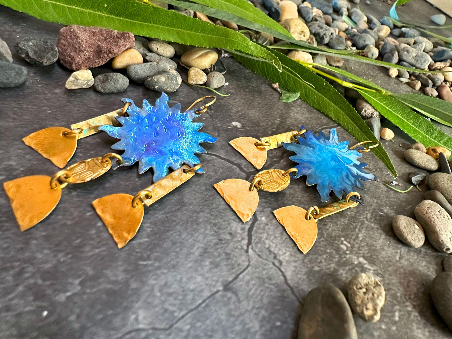 Sun Goddess Earrings - Handmade Solid Beaten Brass Hand Patina