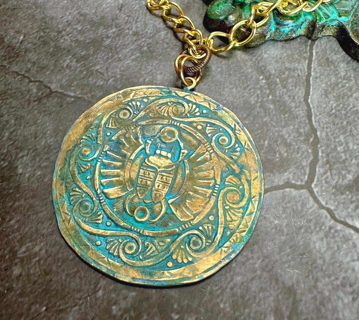 Ancient Scarab Egypt Medallion Necklace - Handmade Solid Beaten Hammered Brass Green Ox Hand Patina Finish