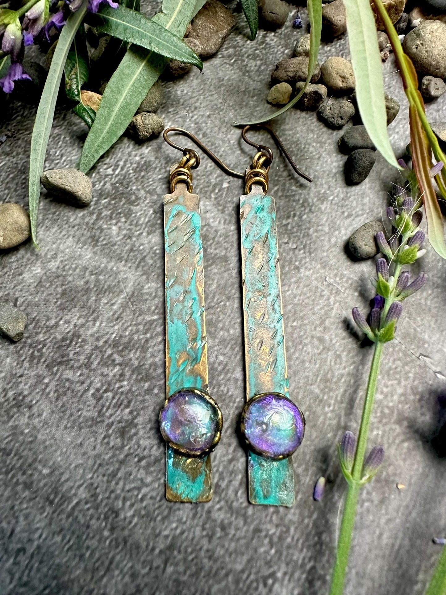 Gleaming Pool Rectangle Earrings- Handmade Beaten Brass with Hand Colored Iridescent Resin