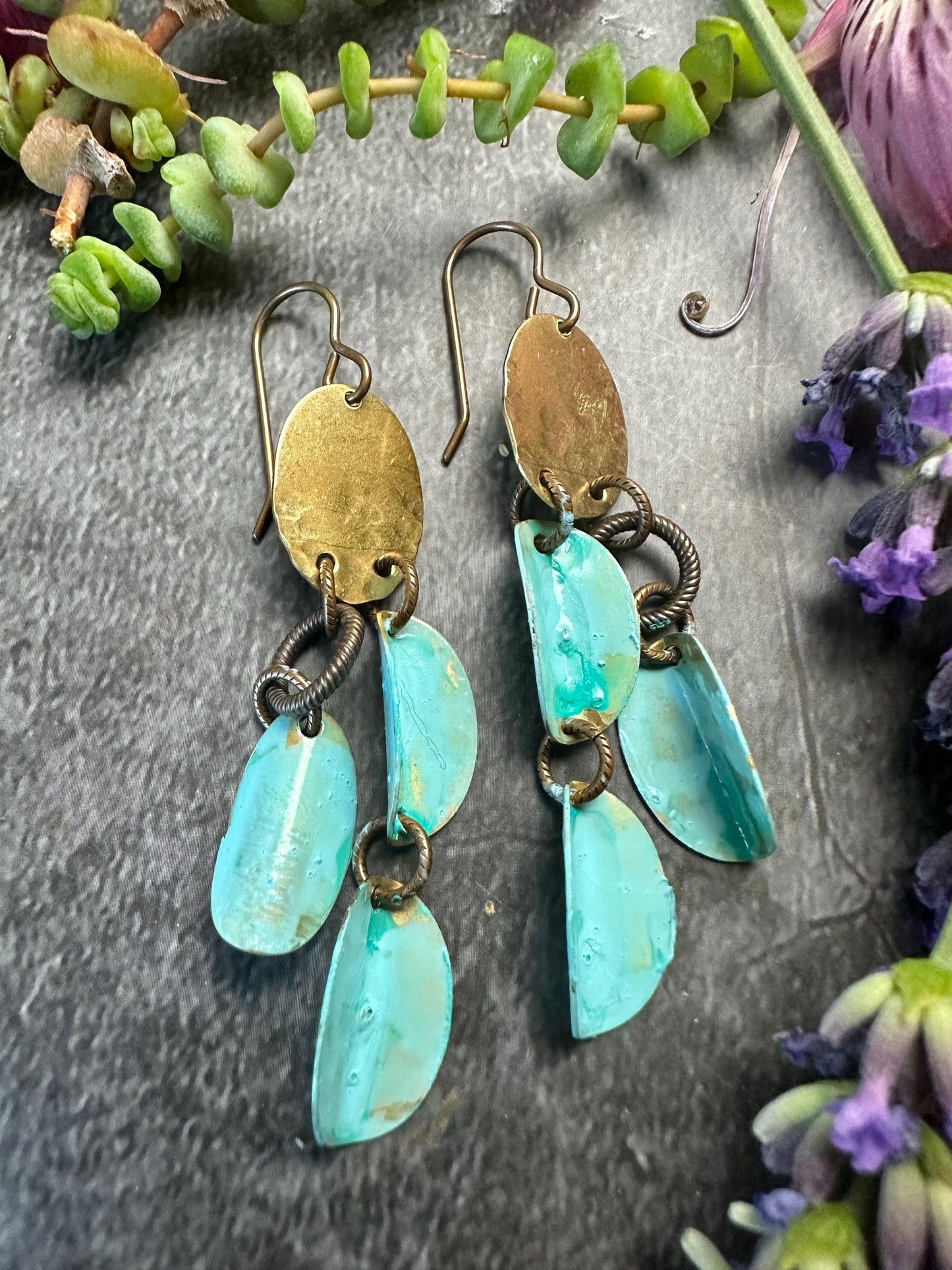 Falling Petals - Handmade Solid Beaten Brass Hand Patina Earrings
