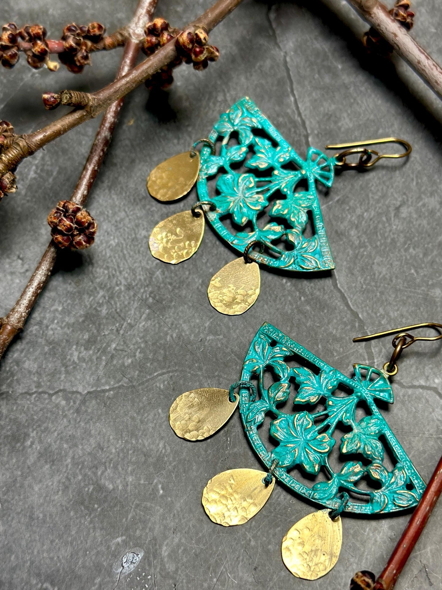 Dynasty Bloom Earrings- Handmade Beaten Solid Brass Verdigris
