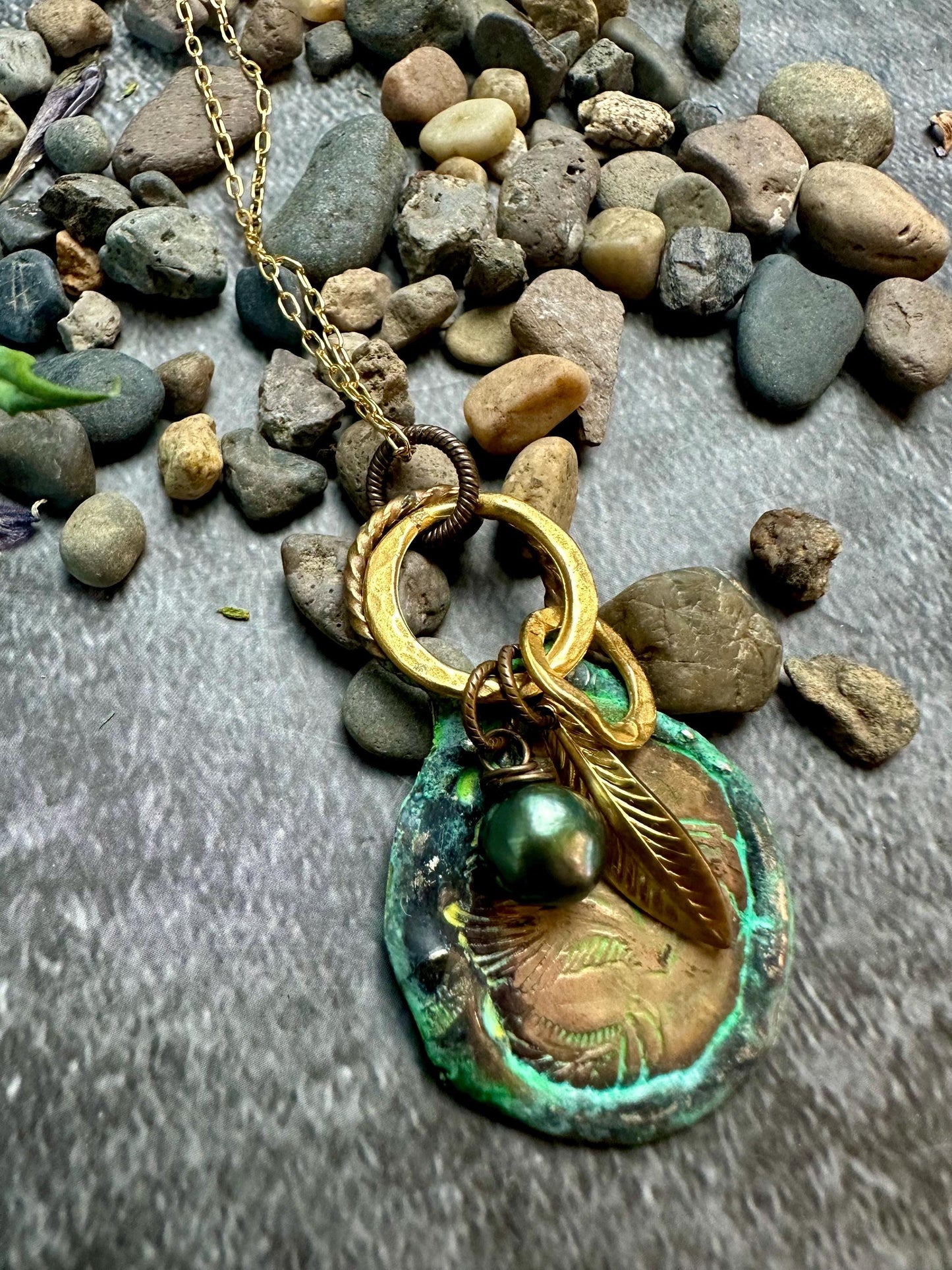 Pegasus Coin Necklace - Hand Soldered Beaten Brass Fresh water Pearl Hand Patina