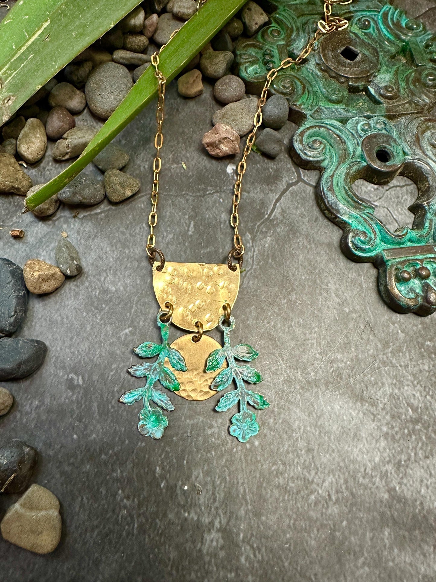 Moon Flower Necklace- Hand Hammered Solid Brass, Hand Patina- 16in