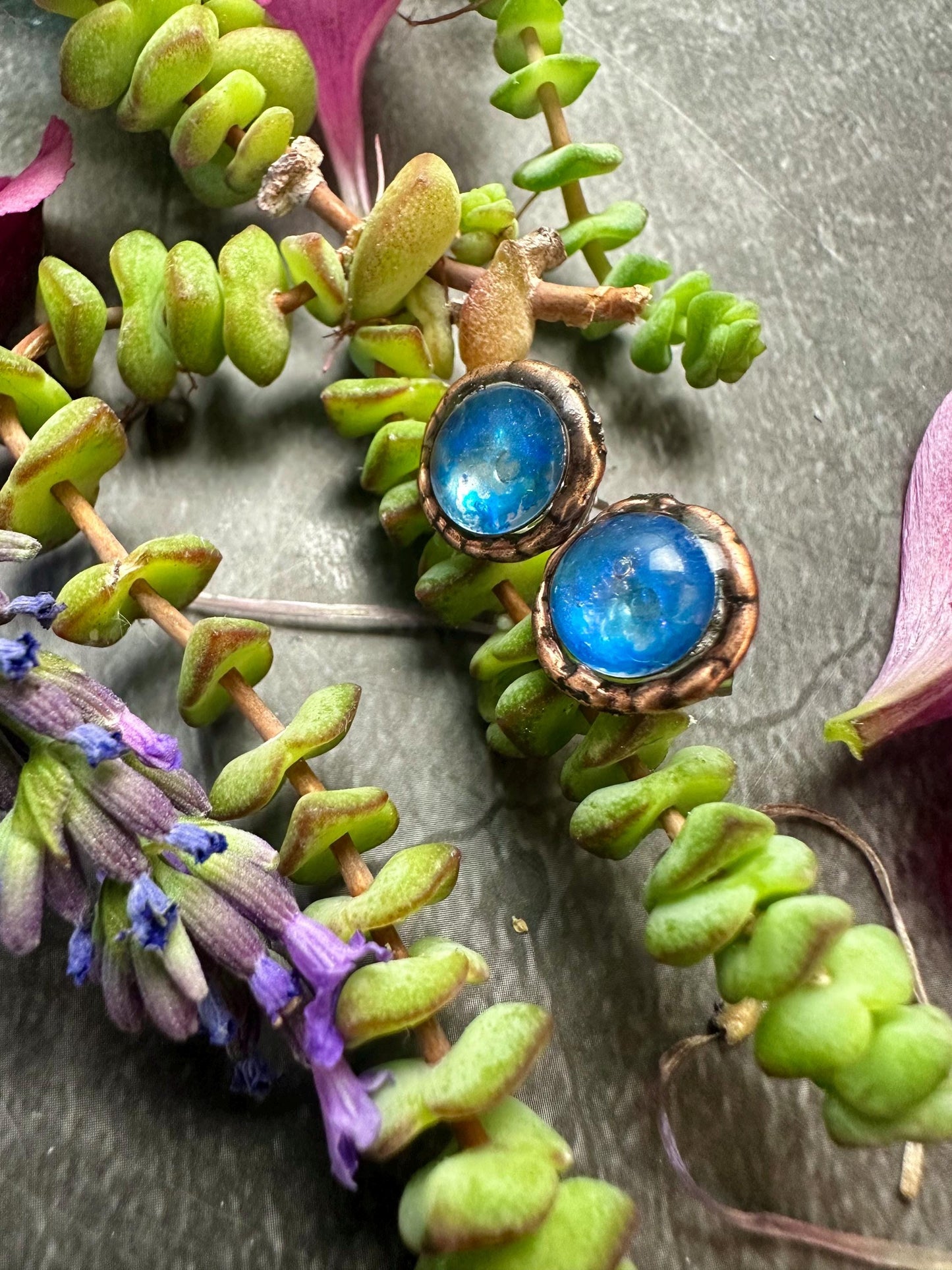 Moon Beam Post Earrings - Handmade Iridescent Hand Colored Resin- blue