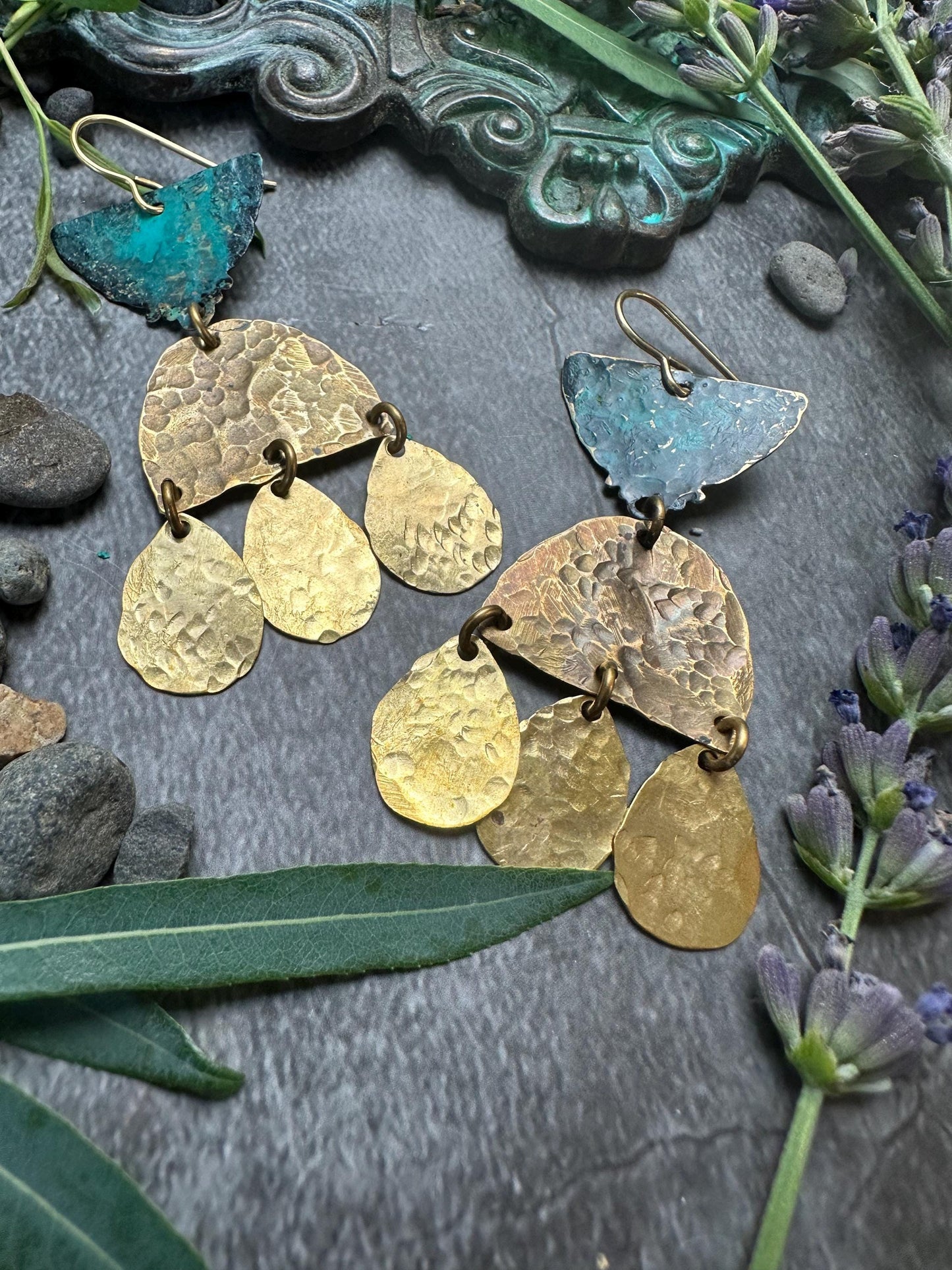 Goddess Tears Earrings - Handmade Solid Beaten Brass Hand Patina