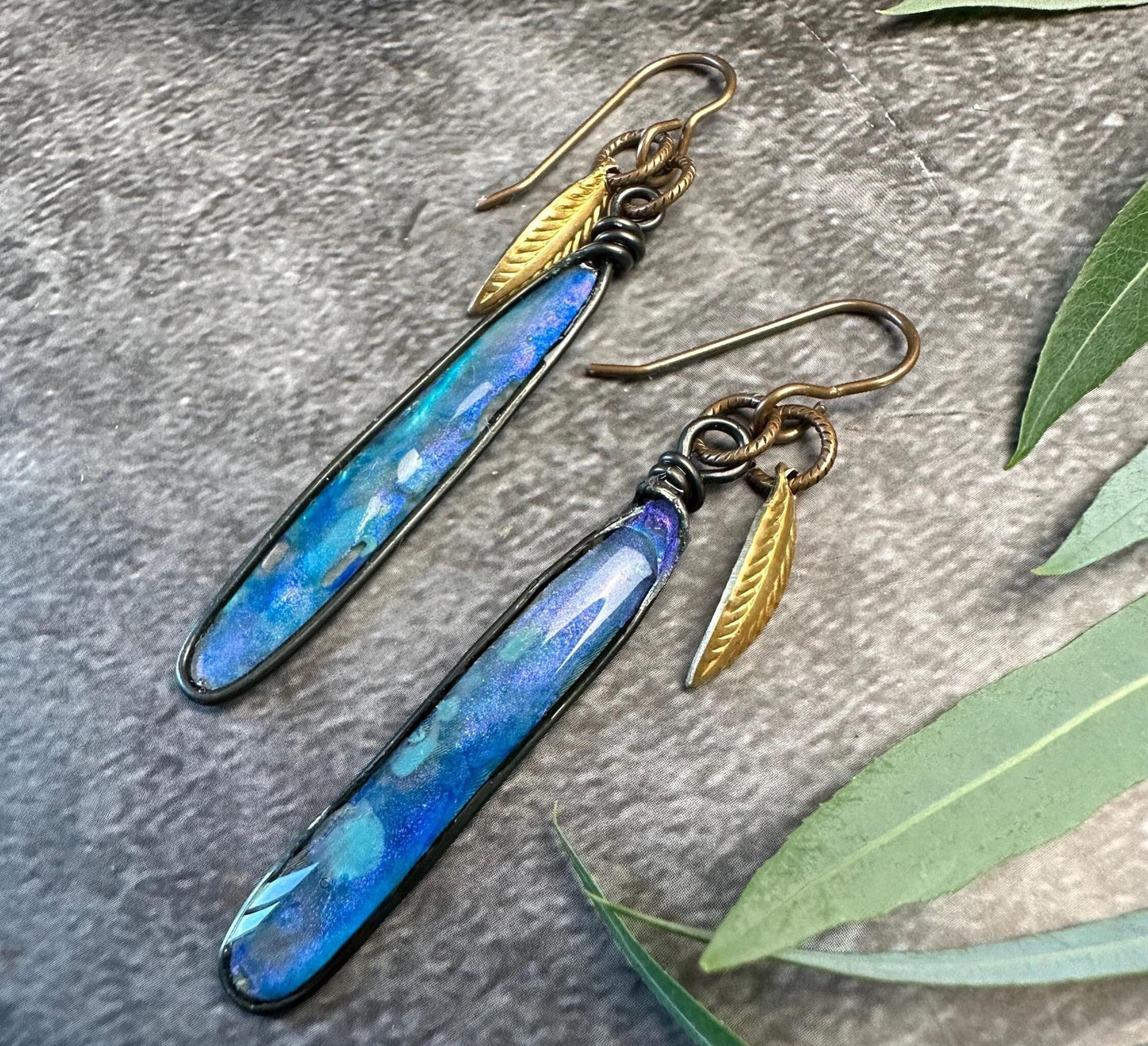 Dragonfly Pool Earrings - Iridescent Handmade Wings Sterling Plated Wire Forms with Hand Colored Resin- Blue