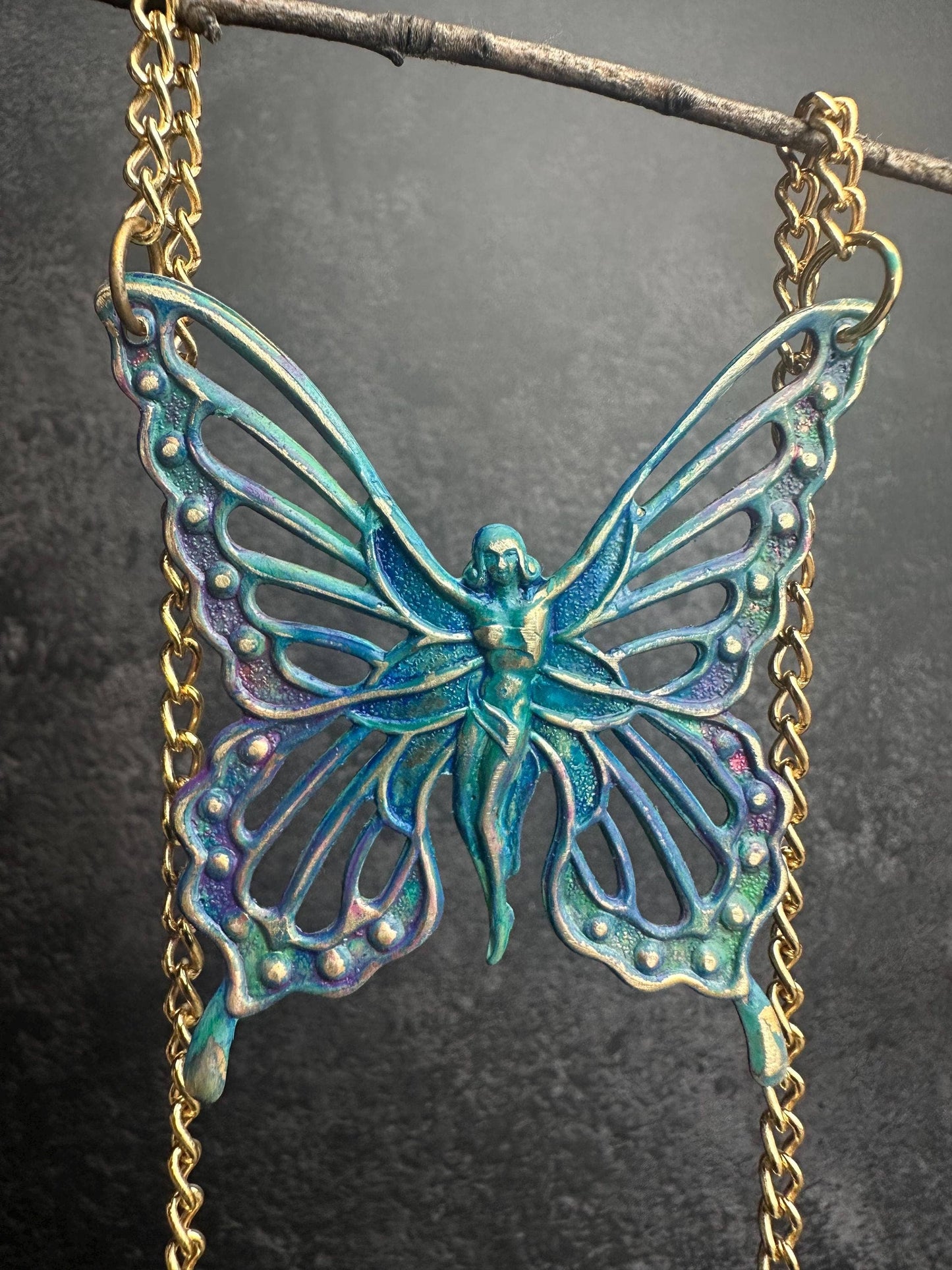 Fairy Butterfly Necklace - Solid Brass with Rainbow Patina