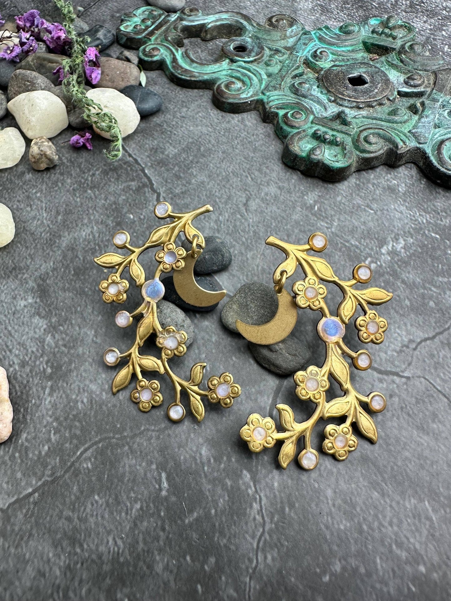 Botanical Branch Crescent Earrings, Iridescent Resin Detail