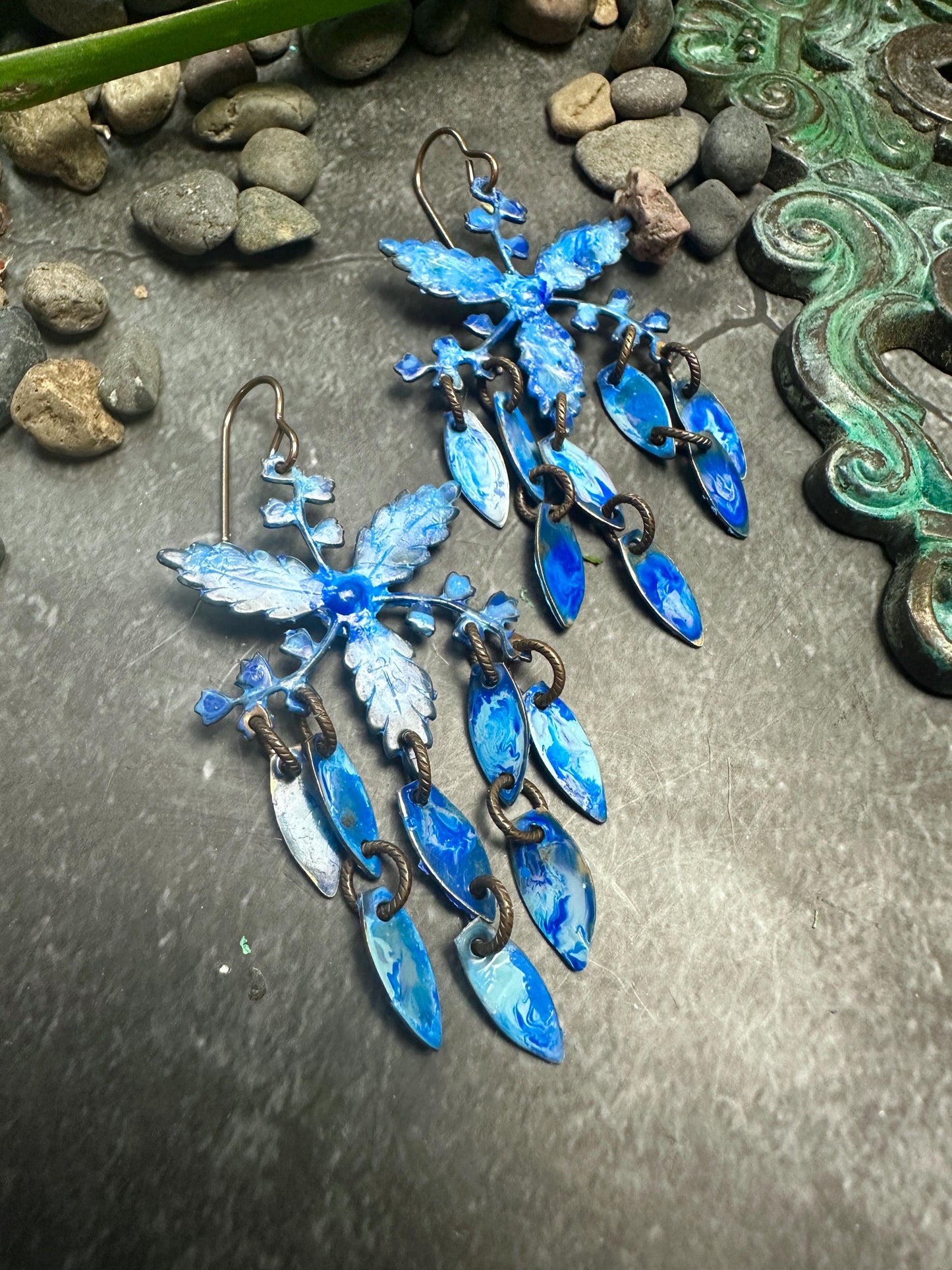 Wisteria Petals Earrings- Handmade Beaten Solid Brass - Blue Patina
