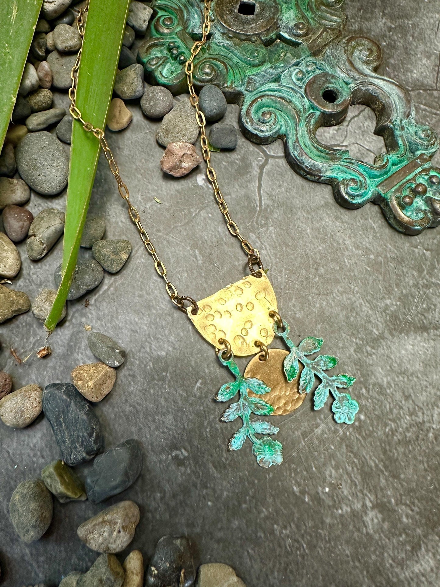 Moon Flower Necklace- Hand Hammered Solid Brass, Hand Patina- 16in