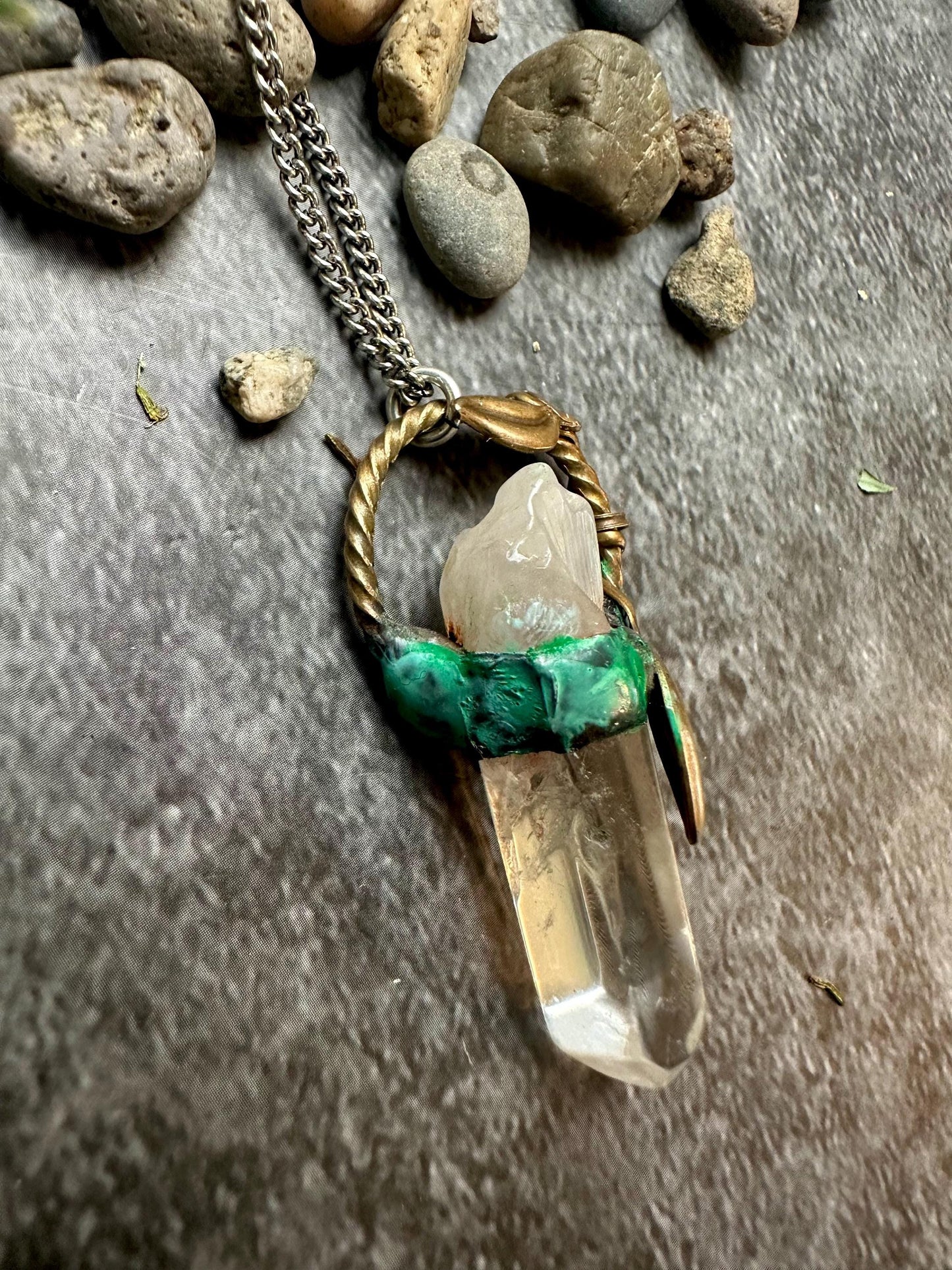 Climbing Vine - Handmade Soldered Crystal Quartz Hand Patina Necklace