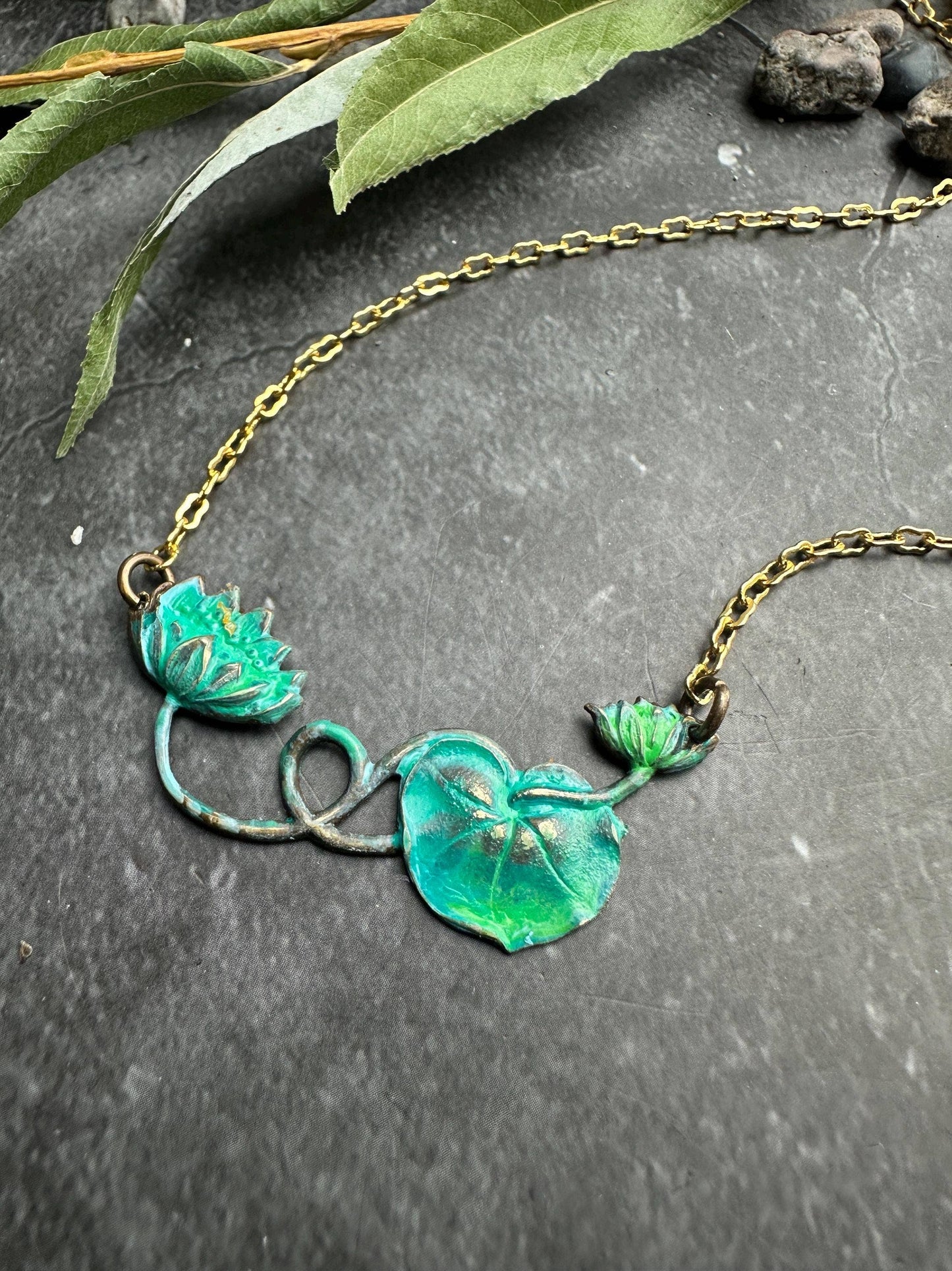 Verdigris Green water lily pad Necklace - Solid Brass
