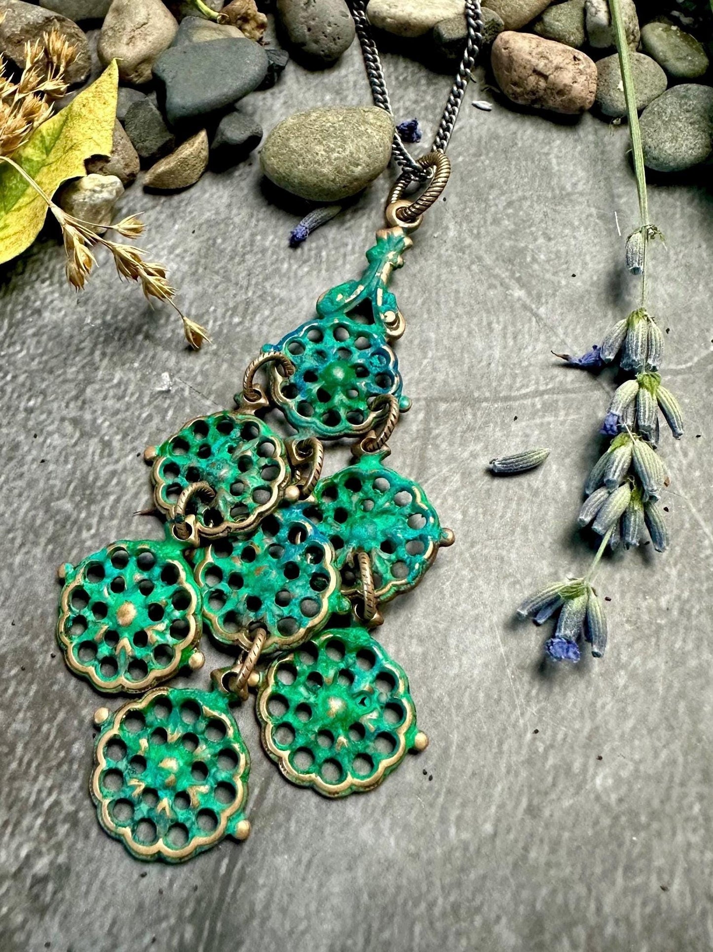 Cascading Filigree Necklace- Handmade Hand Patina Finish