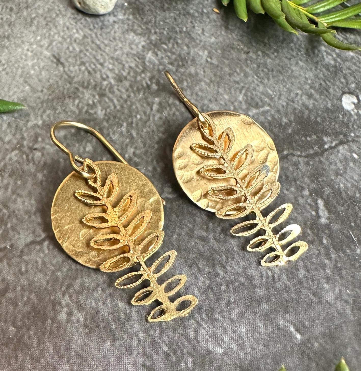 Fern Moon Earrings - Handmade Solid Hammered Brass