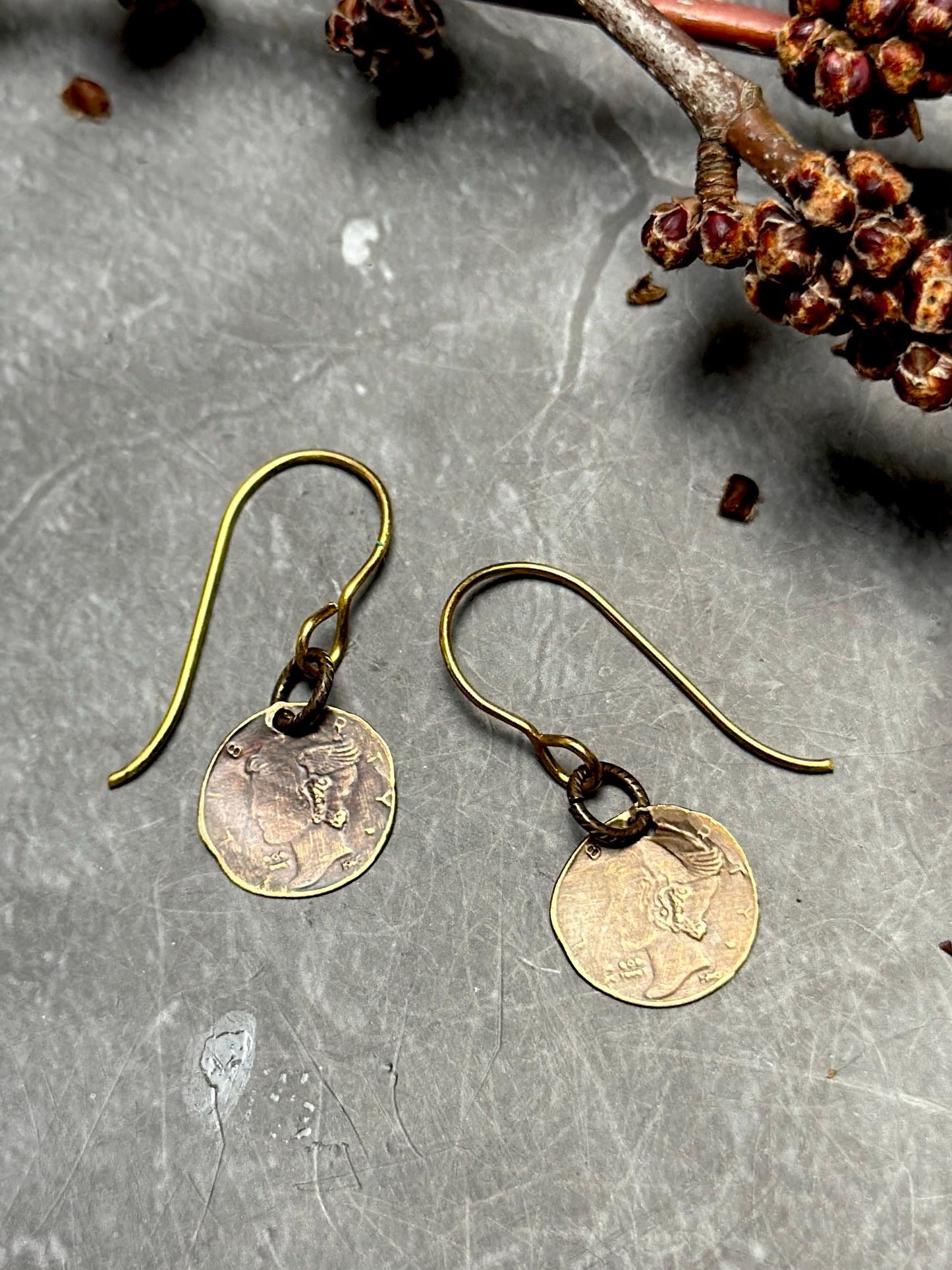 Distressed Coin Earrings Mercury Mythology - Bronze Handmade Solid Beaten Brass