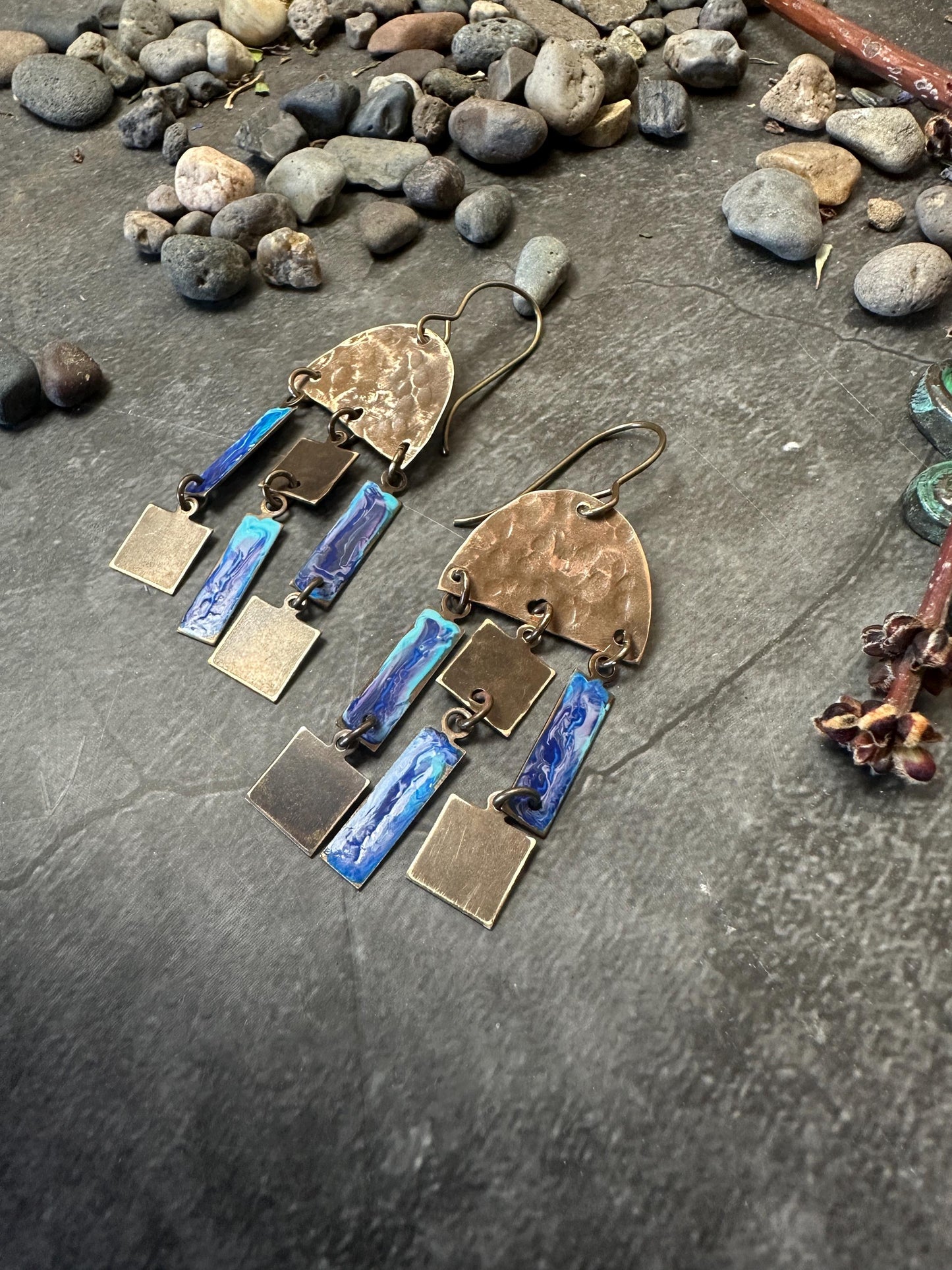 Geometric Dangle Earrings - Handmade Solid Hammered Brass Blue Hand Enamel