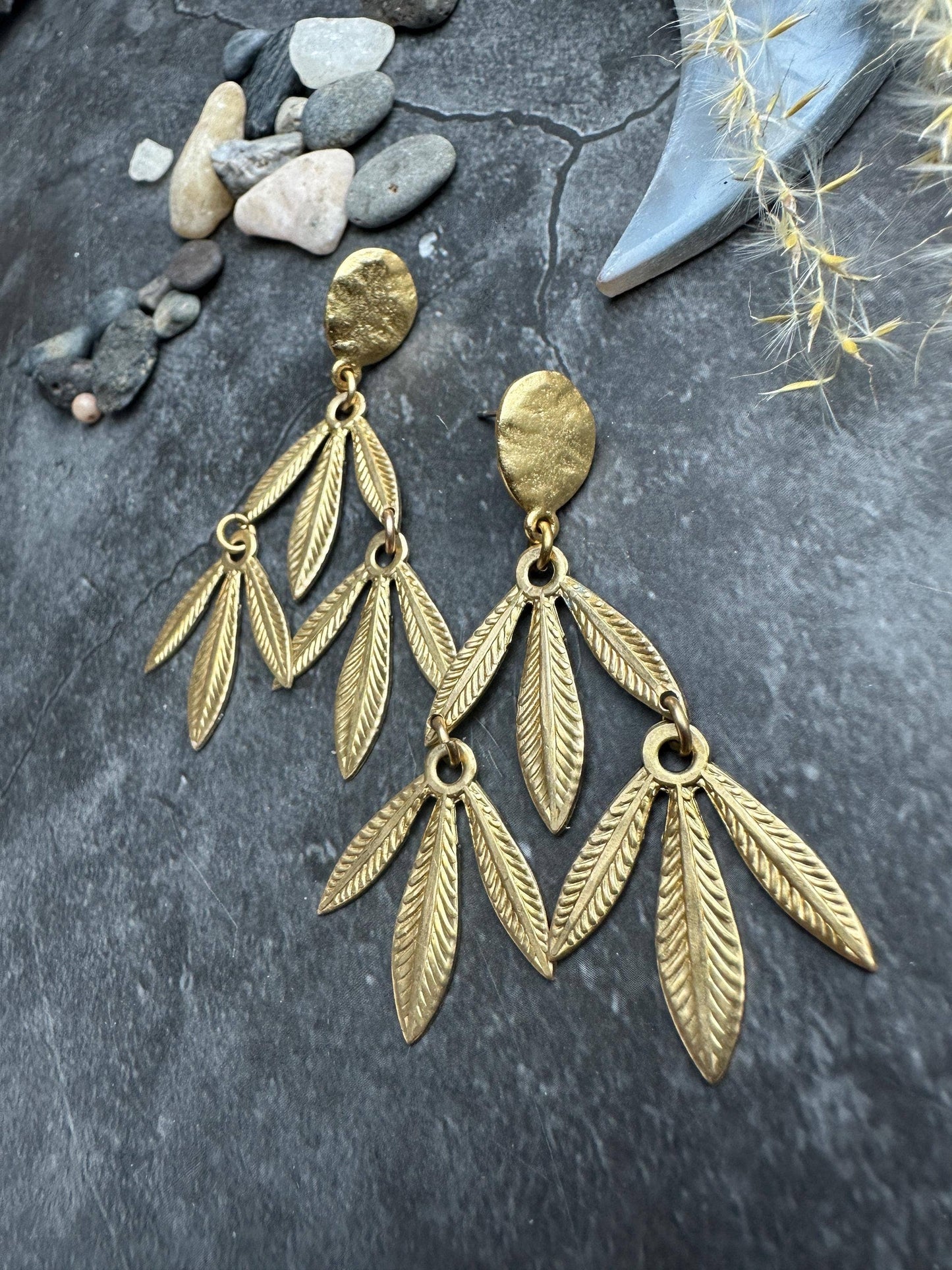Palm leaf Post Dangle Earrings- Handmade Beaten Solid Brass