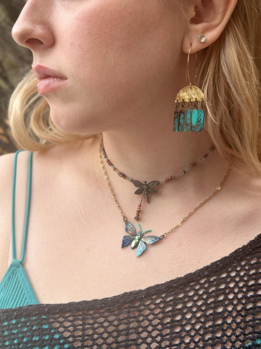 Geometric Fringe Earrings - Handmade Solid Hammered Brass Green Blue Hand Enamel