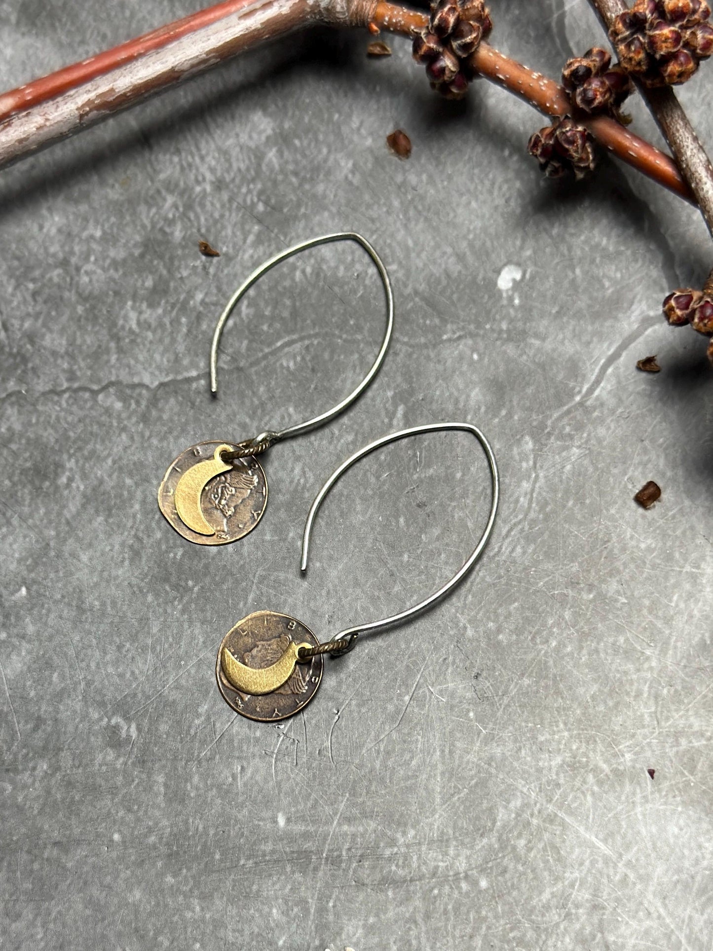 Crescent Moon Coin Earrings - Handmade Solid Beaten Brass