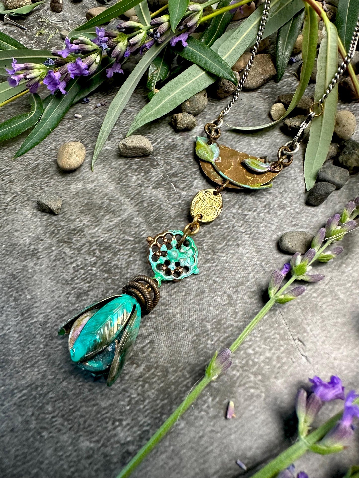 Lotus scarab Necklace - Handmade Beaten Brass Hand Patina