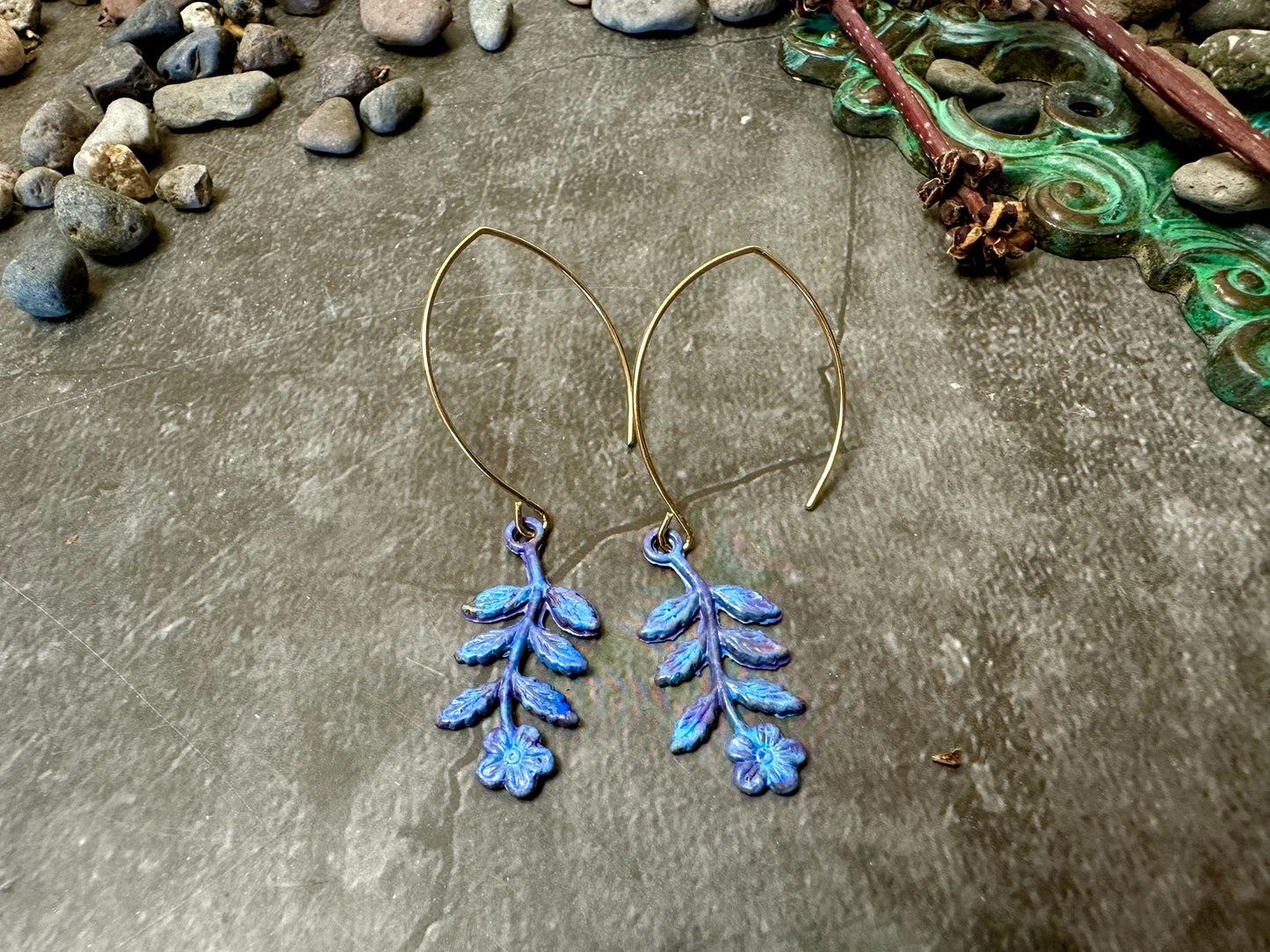 Floral Sprig Charm Earrings Garden Fairy - Handmade Solid Brass Purple Hand Patina