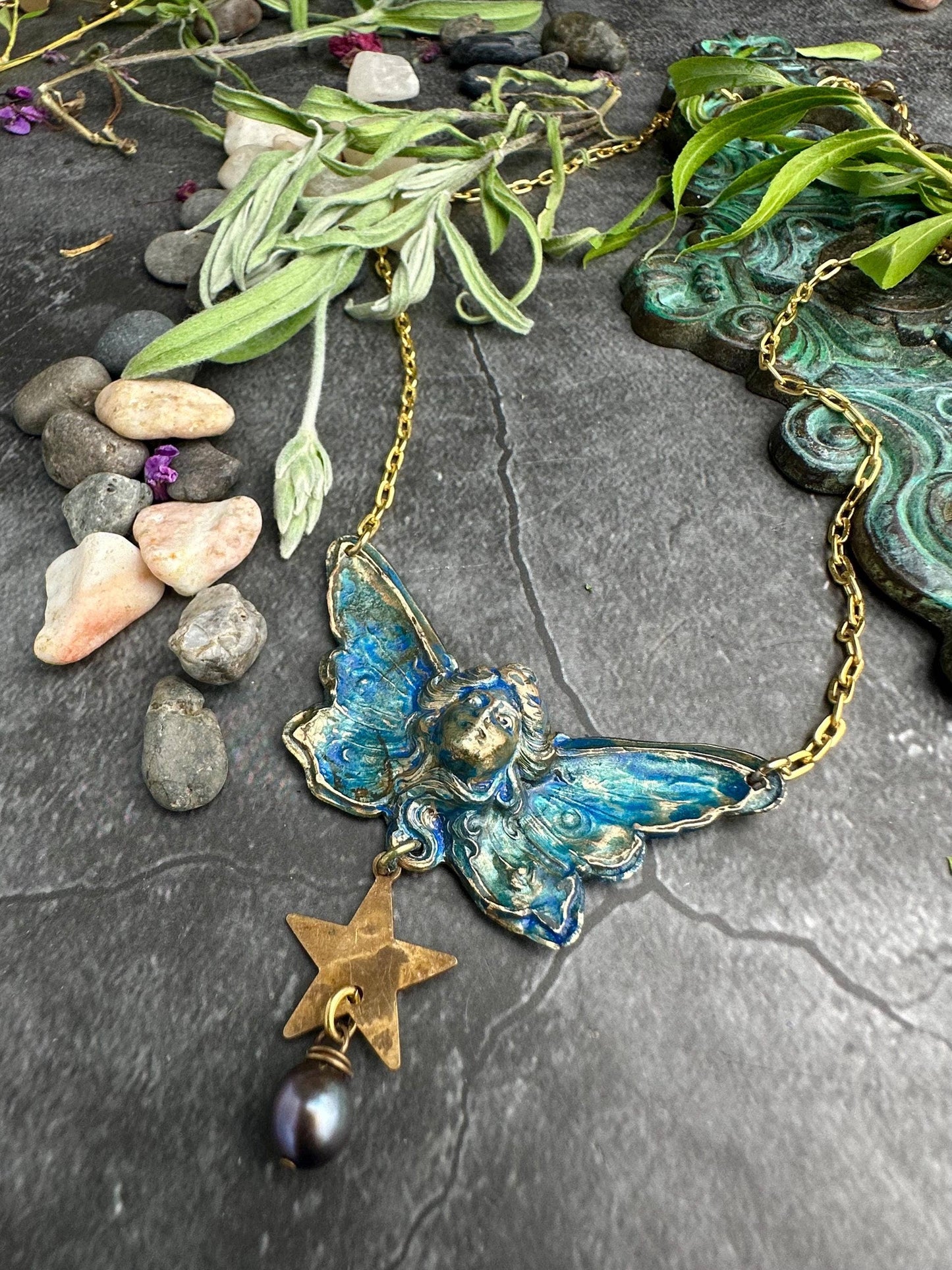 Butterfly Goddess Necklace, Art Nouveau Brass Patina Pendant