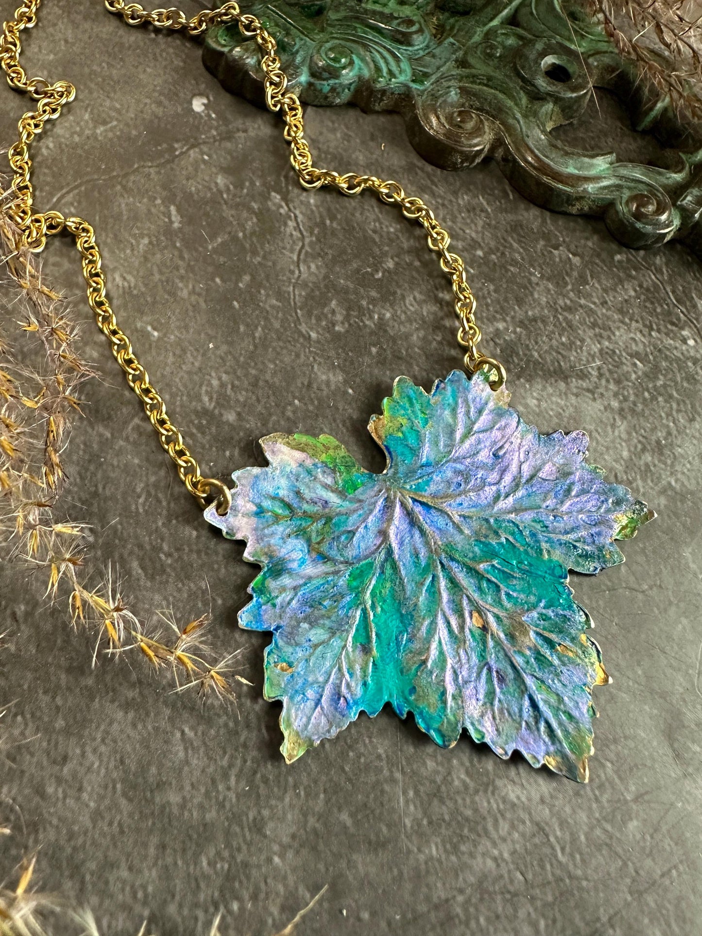 Fairy Leaf Necklace - Handmade Solid Beaten Hammered Brass Hand Patina Finish