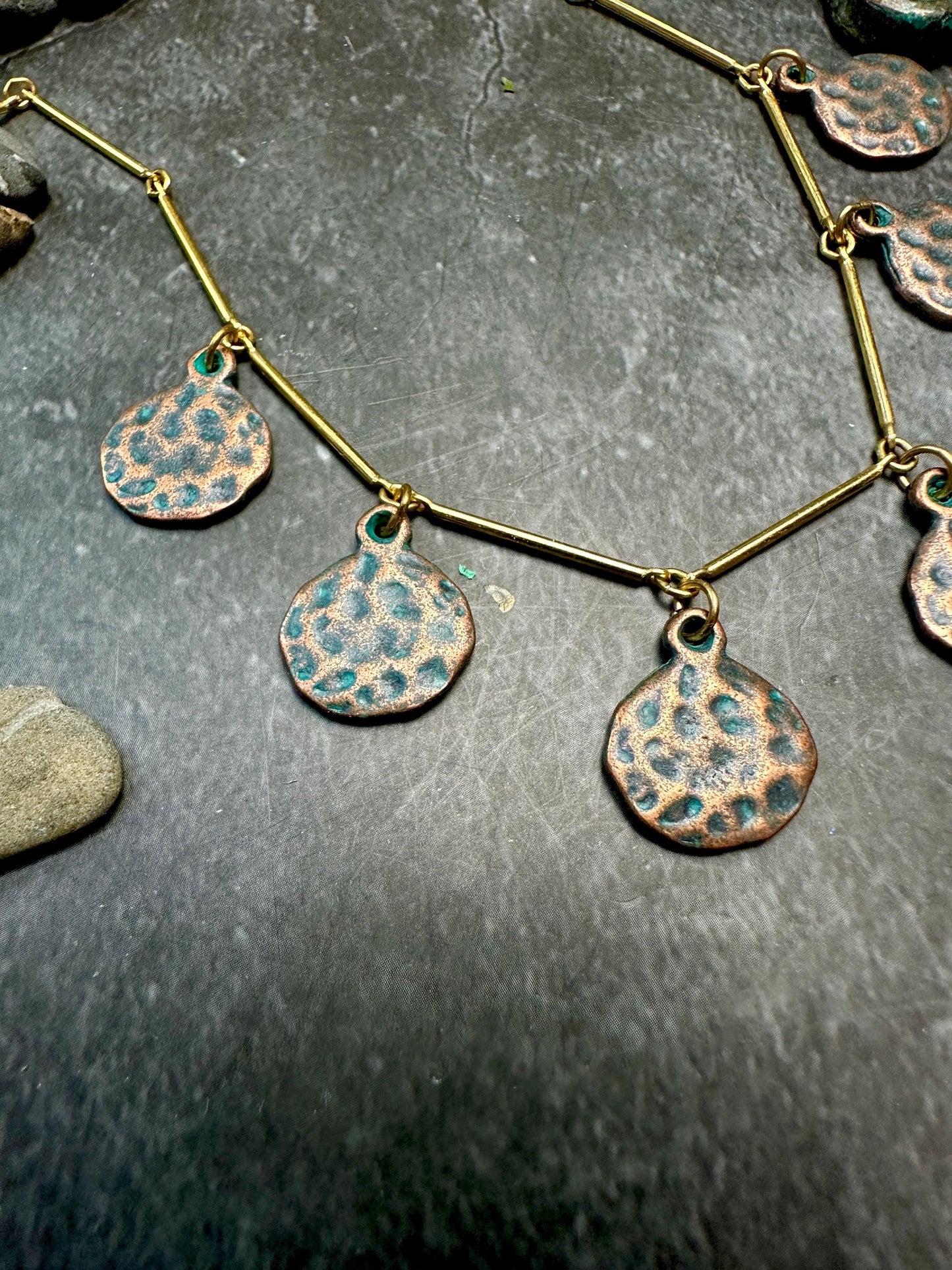 Calypso Necklace- Hammered Copper over Pewter, 10k Gold Plated Chain - 18 inch