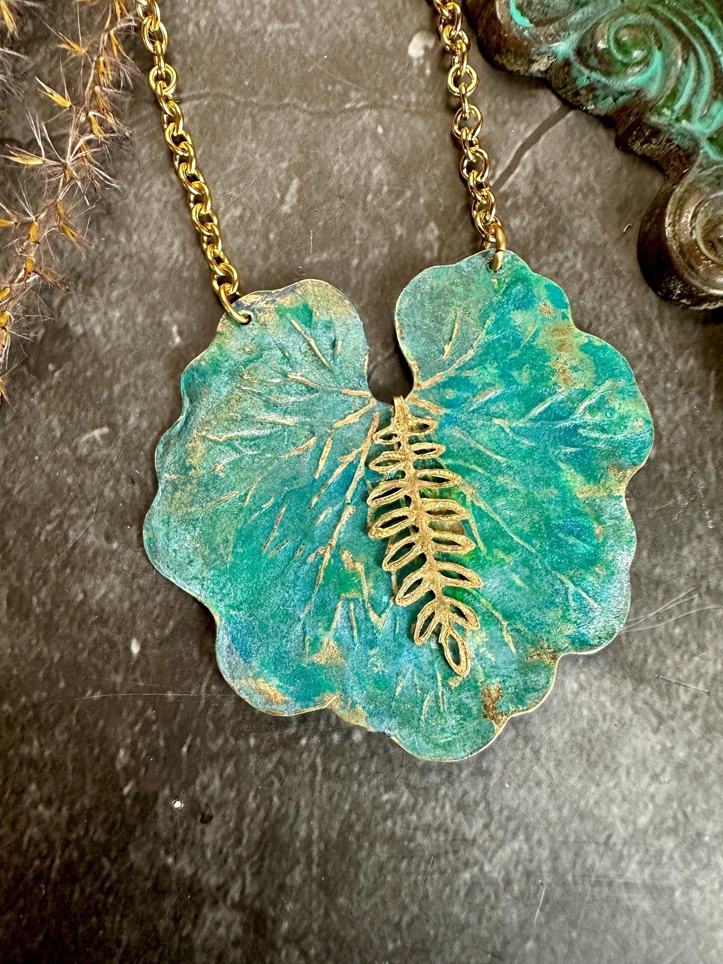 Lily Pond Necklace - Handmade Solid Beaten Hammered Brass Hand Patina Finish