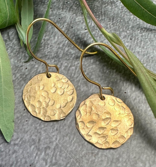 Hammered Disc Earrings - Handmade Solid Beaten Brass