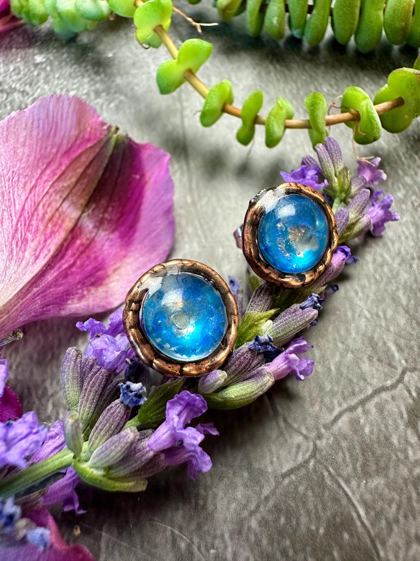 Moon Beam Post Earrings - Handmade Iridescent Hand Colored Resin- blue