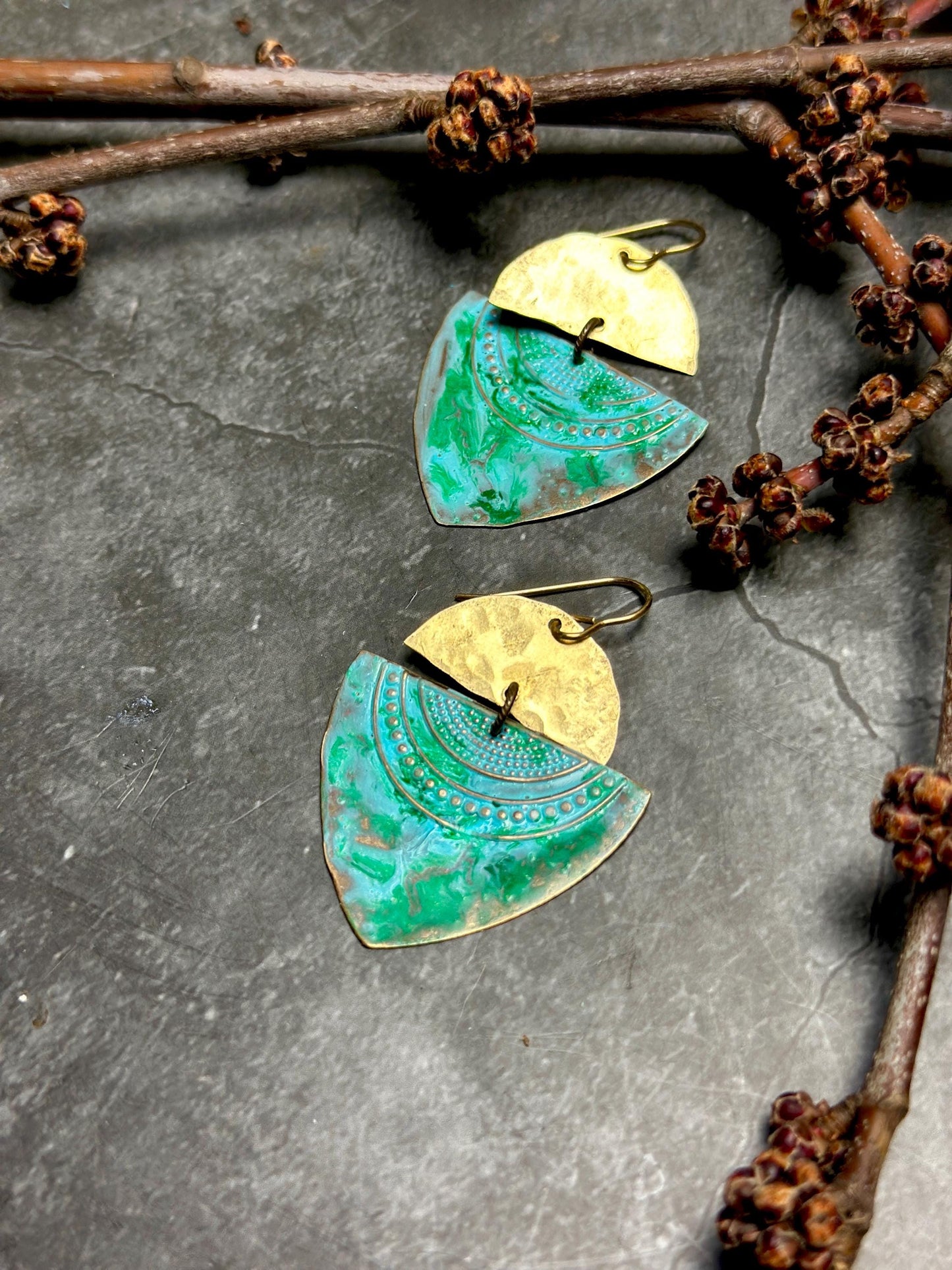 Geometric Tribal Modern Talisman Earrings - Bohemian Southwest Handmade Solid Hammered Brass Blue Green Hand Patina