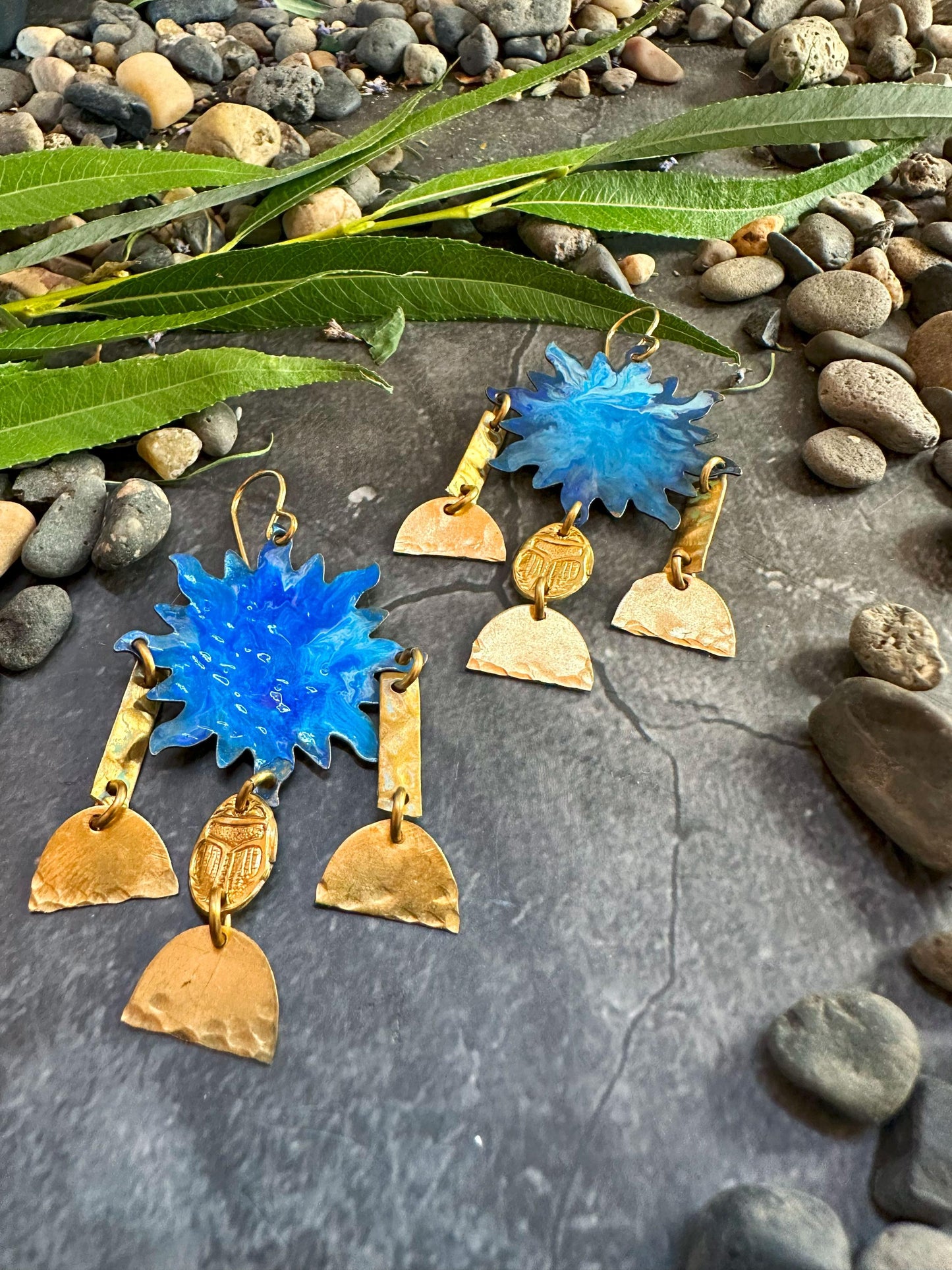 Sun Goddess Earrings - Handmade Solid Beaten Brass Hand Patina