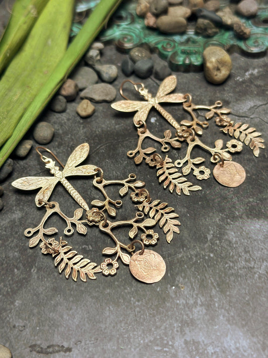 Dragonfly Meadow Earrings- Handmade Beaten Solid Brass