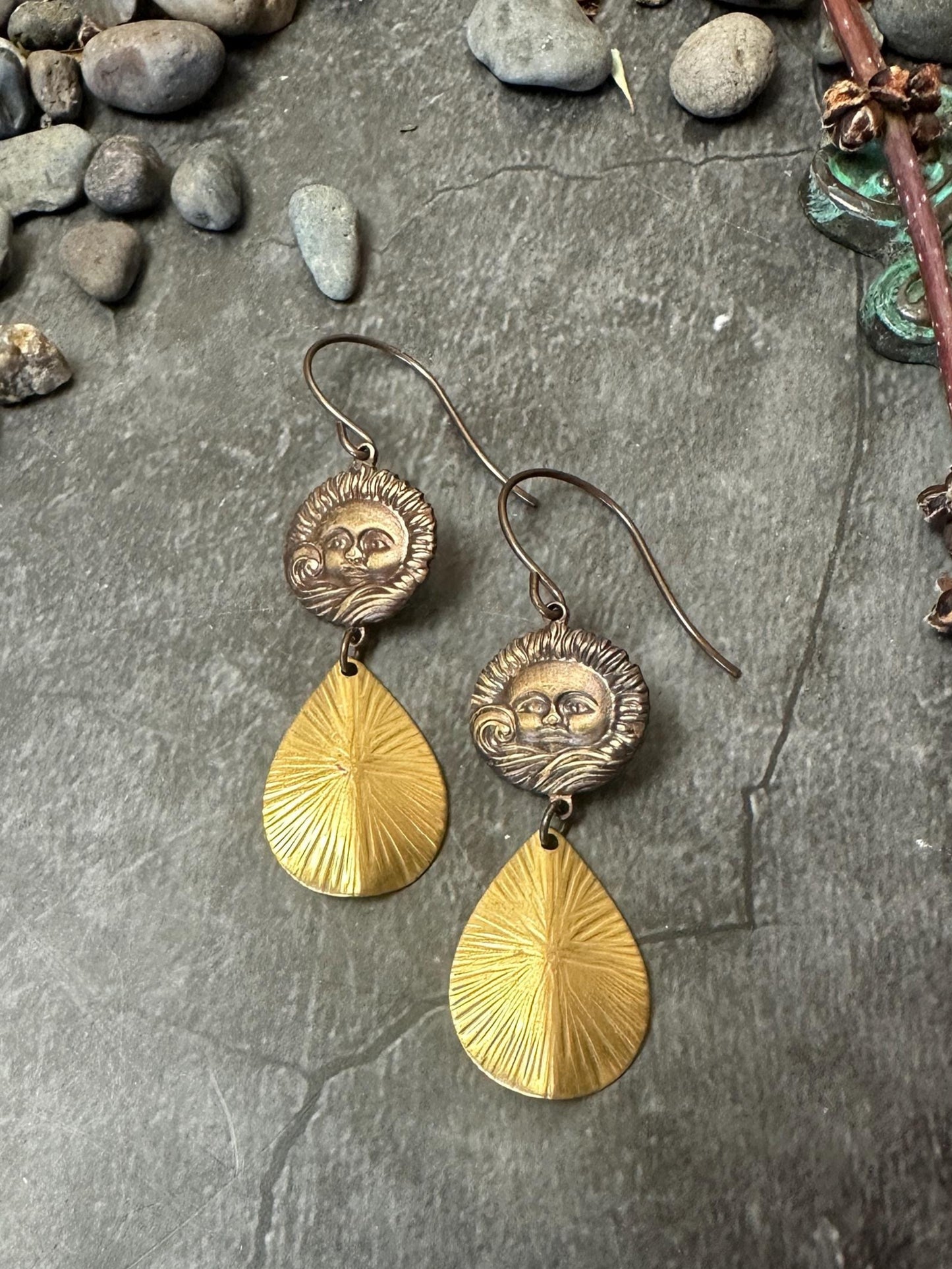 Radiant Sun Waves Teardrop Earrings - Handmade Solid Brass