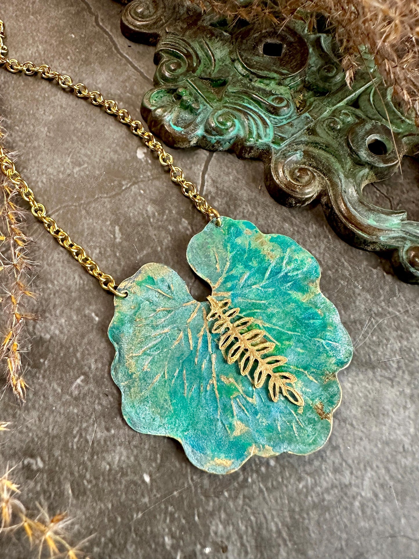 Lily Pond Necklace - Handmade Solid Beaten Hammered Brass Hand Patina Finish