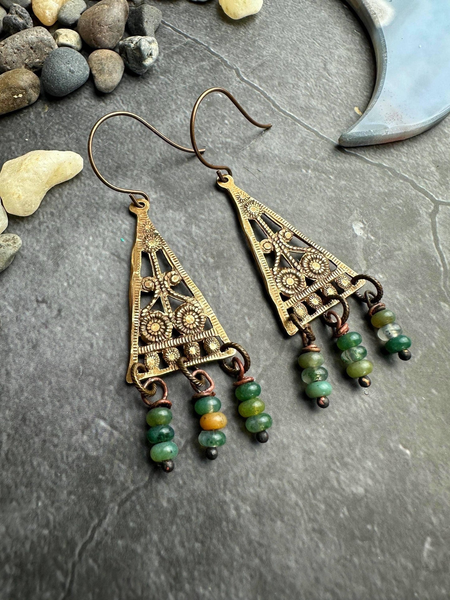 Rustic Relic Filigree Triangle Earrings: Beaten Brass