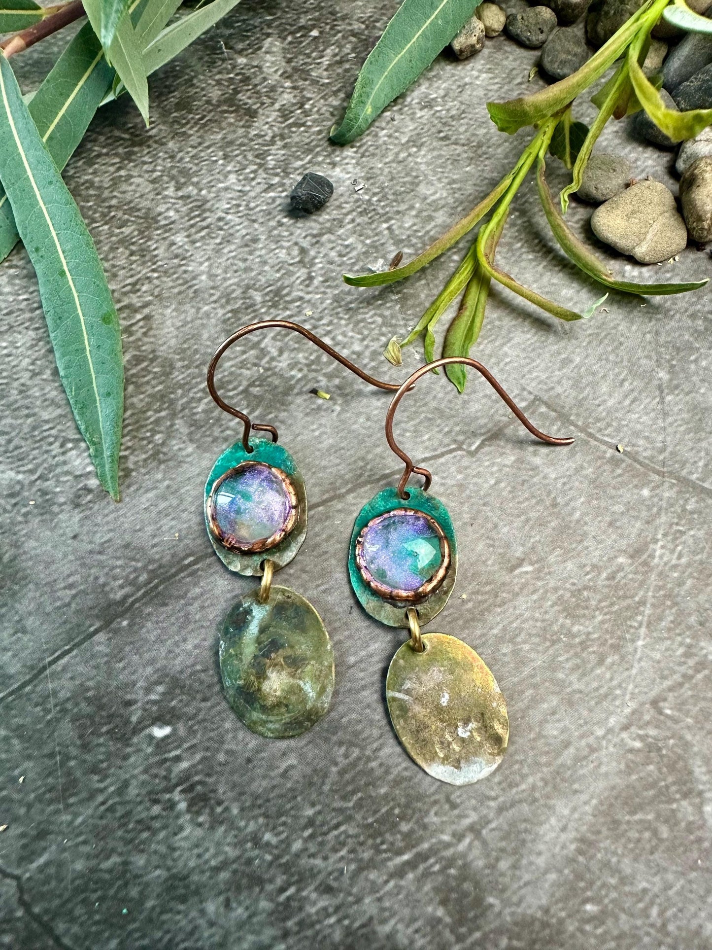 Gleaming Pool Double Drop Earrings- Iridescent Hand Beaten Brass with Hand Colored Resin